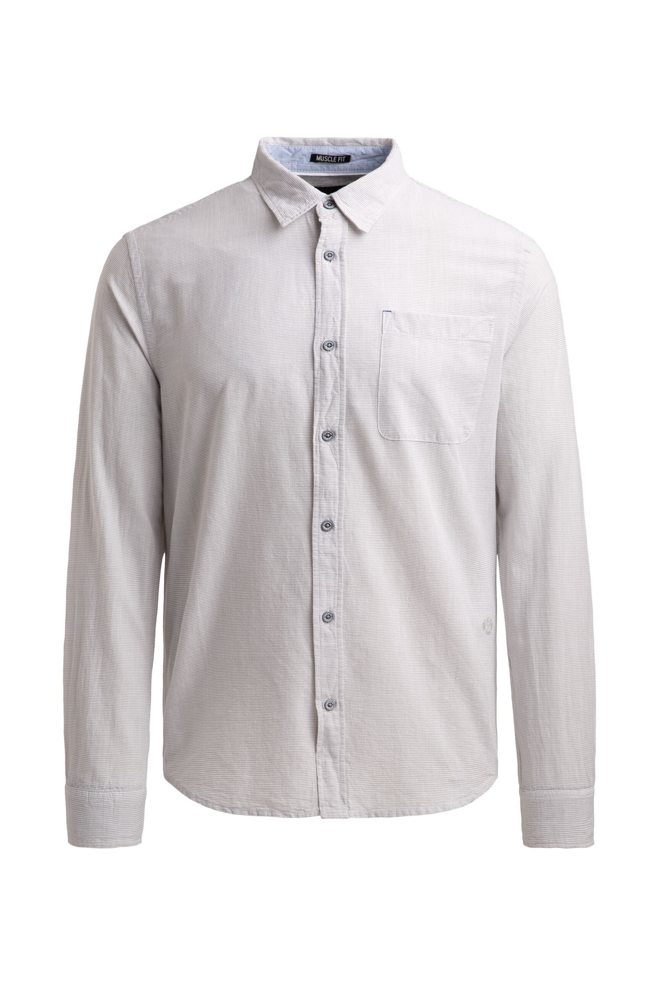 CMPD Slim Fit Gestreiftes Langarmhemd mit Flammgarnstruktur in Grau: Vorderseite