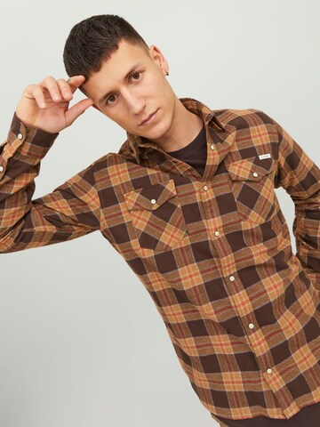 JACK & JONES Slim fit Button Up Shirt 'Sheridan' in Brown