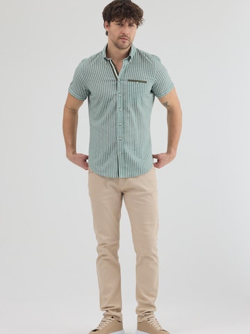 7Camicie Slim fit Zakelijk overhemd 'Iconic Linen Man Shirt Short Sleeve Green White' in Groen