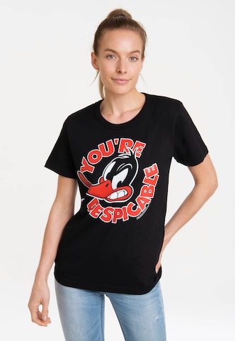 LOGOSHIRT Shirt 'Looney Tunes - Daffy Duck' in Zwart: voorkant