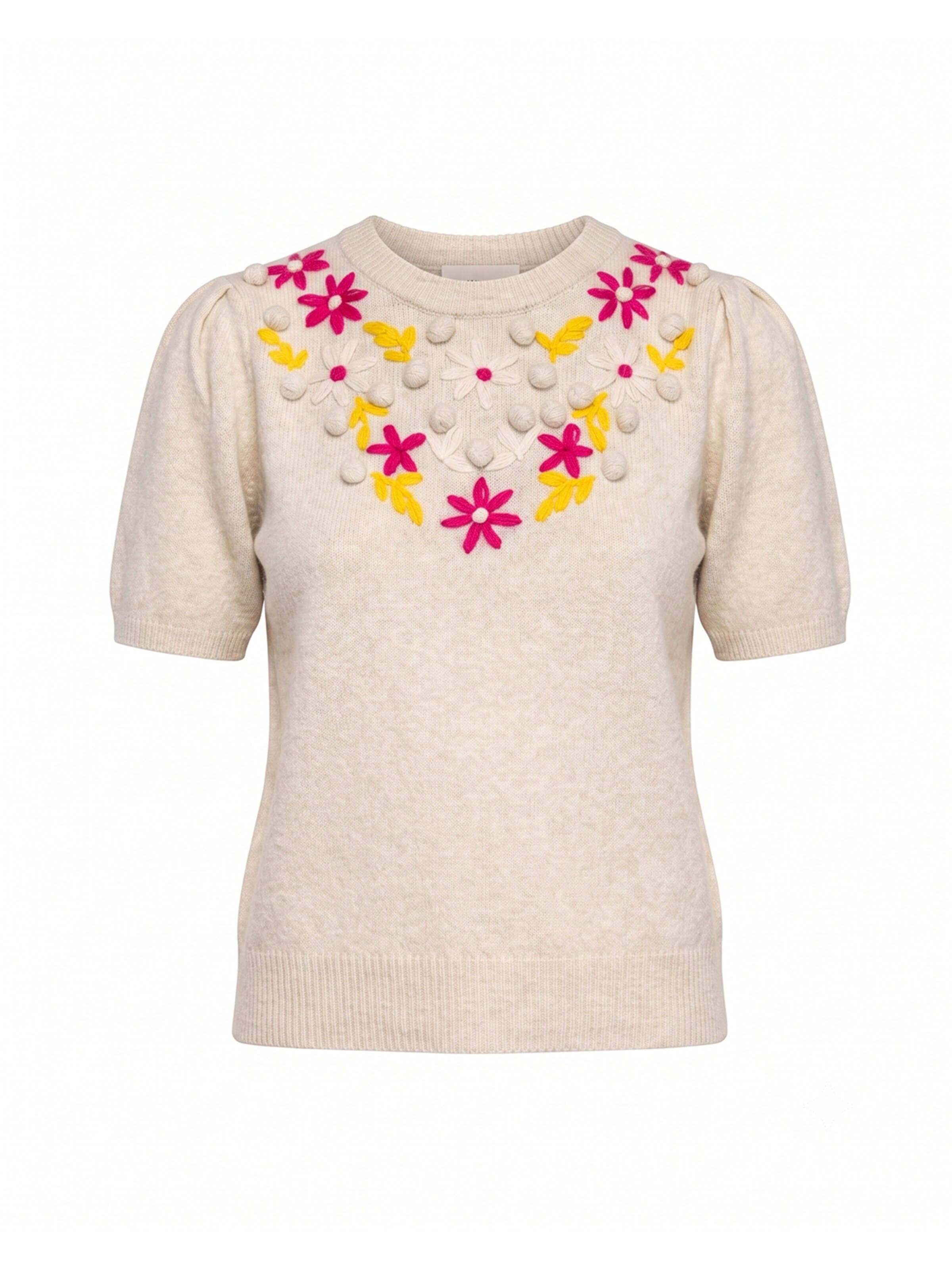 Tantra Sweater 'Jersey de manga corta con flores bordadas y frunce en el hombro (BEIGE)' in Beige: front