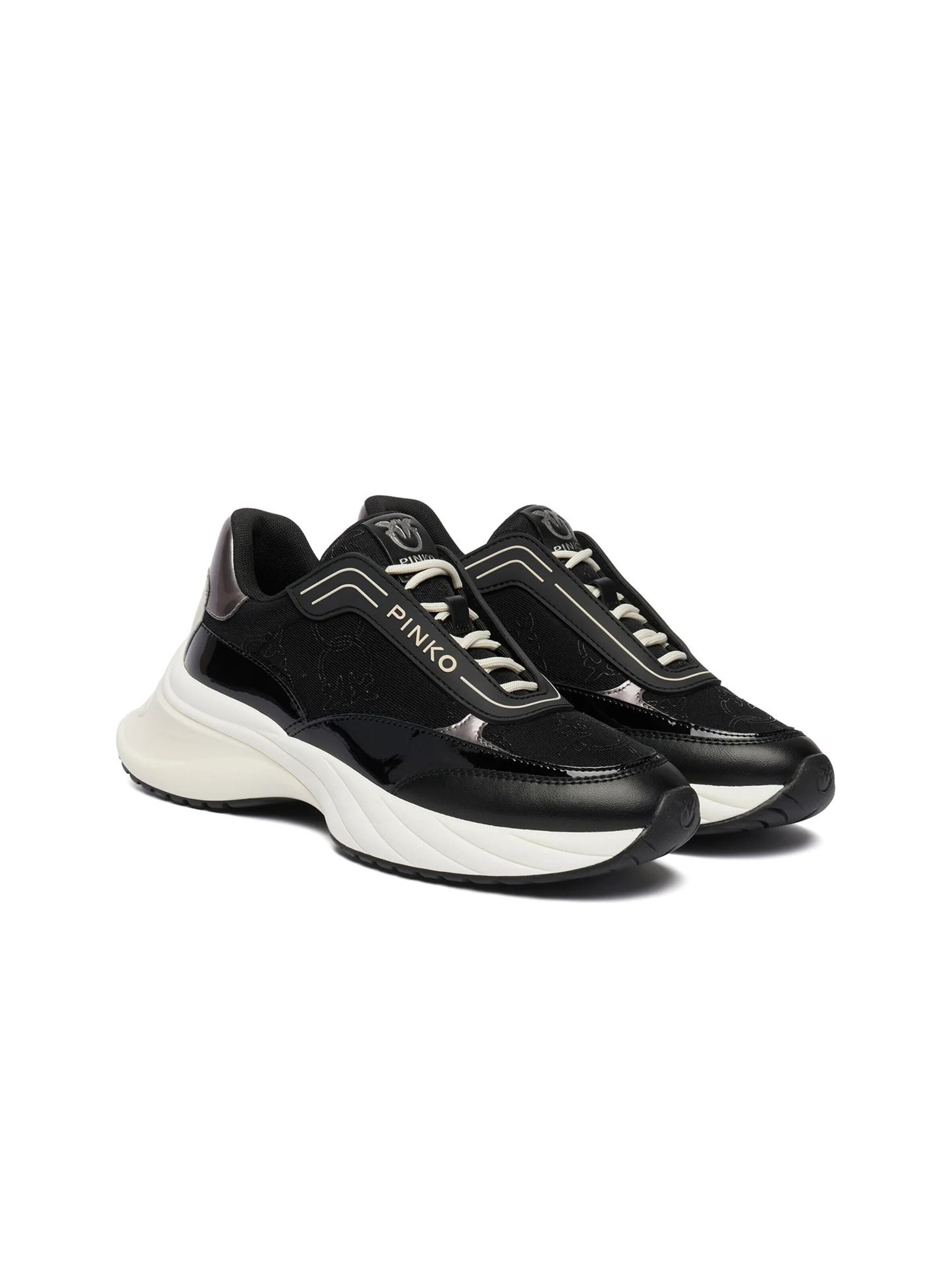 PINKO Sneakers laag 'Ariel 19 - Sneaker Calf Leather/Patent/Monogram Net' in Zwart