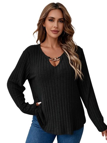 KoJooin Koszulka 'Damen-Plus-Size-Langarmshirt mit V-Ausschnitt und feiner Rippstruktur' w kolorze czarny