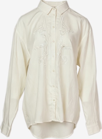 T-shirt 'Oversize-Leinenbluse mit floraler Stickerei und Perlendetails' yoligex en blanc : devant