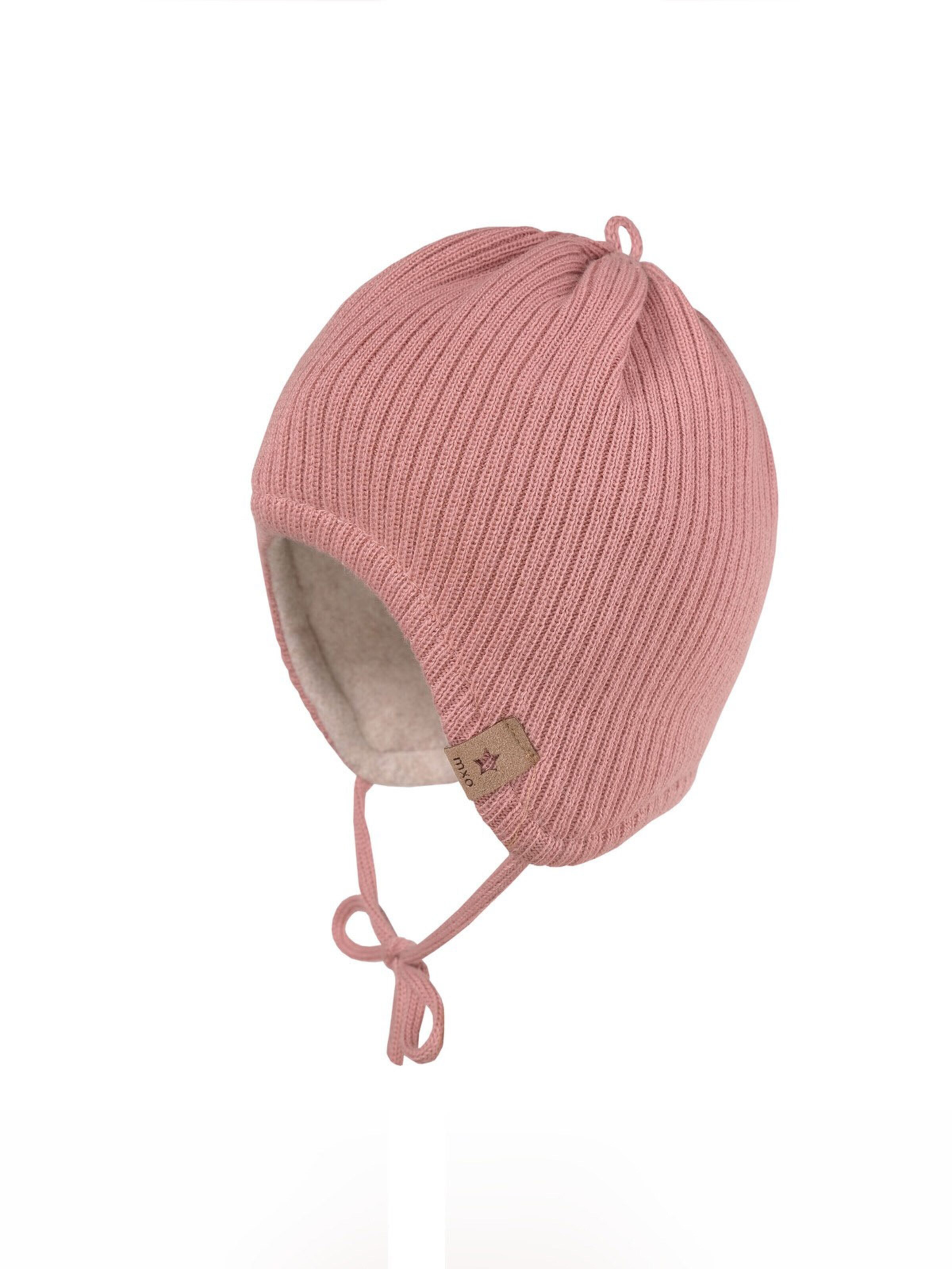 MAXIMO Mütze 'GOTS BABY-Mütze, Rippe Baumwollfleecefutter, Bindeband'‌‌‌‌‌‌‌‌‌ in Pink: Vorderseite