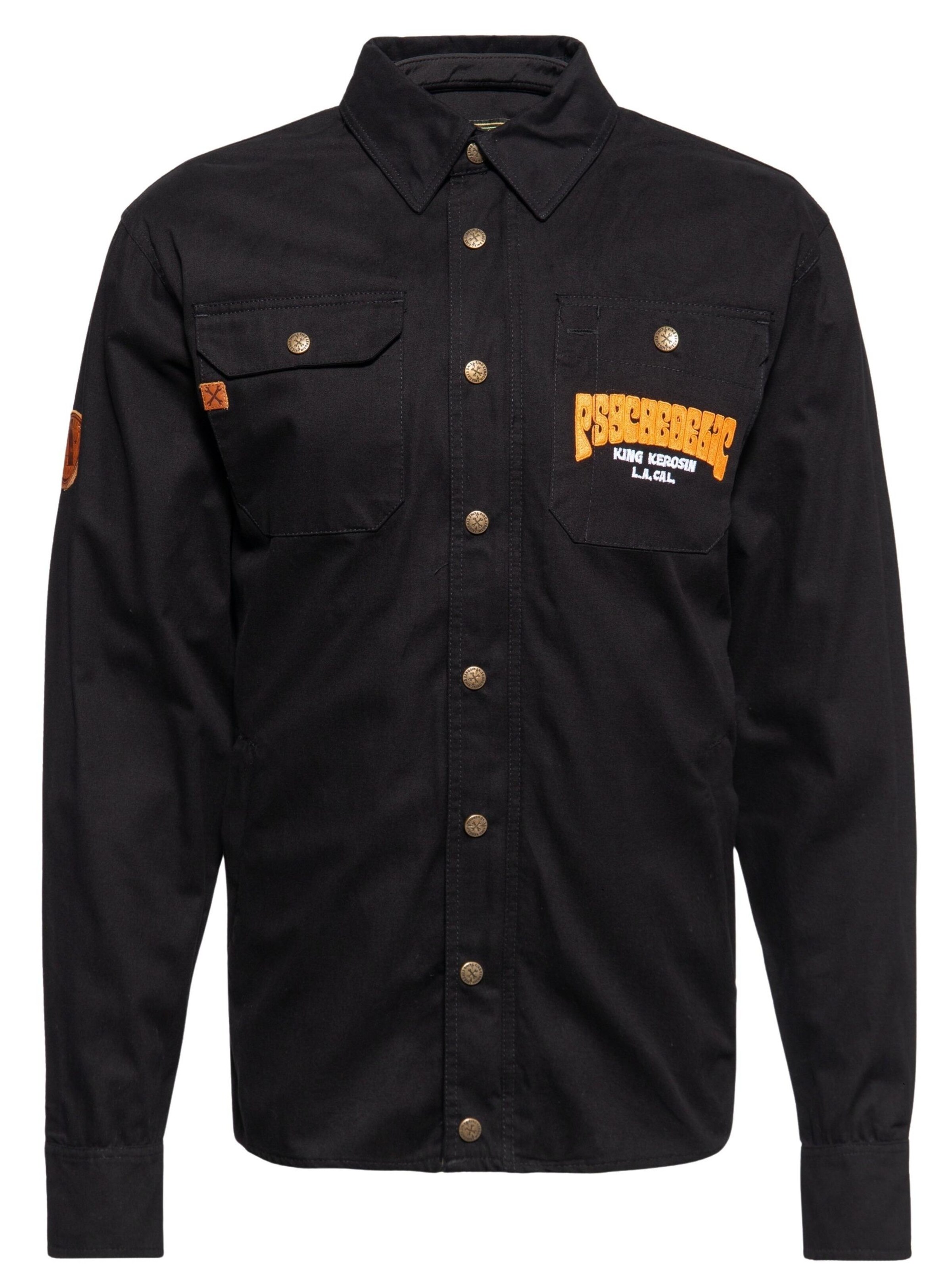 King Kerosin Regular fit Button Up Shirt 'K.K. Adventure Gear - Psychedelic Custom Chopper' in Black: front