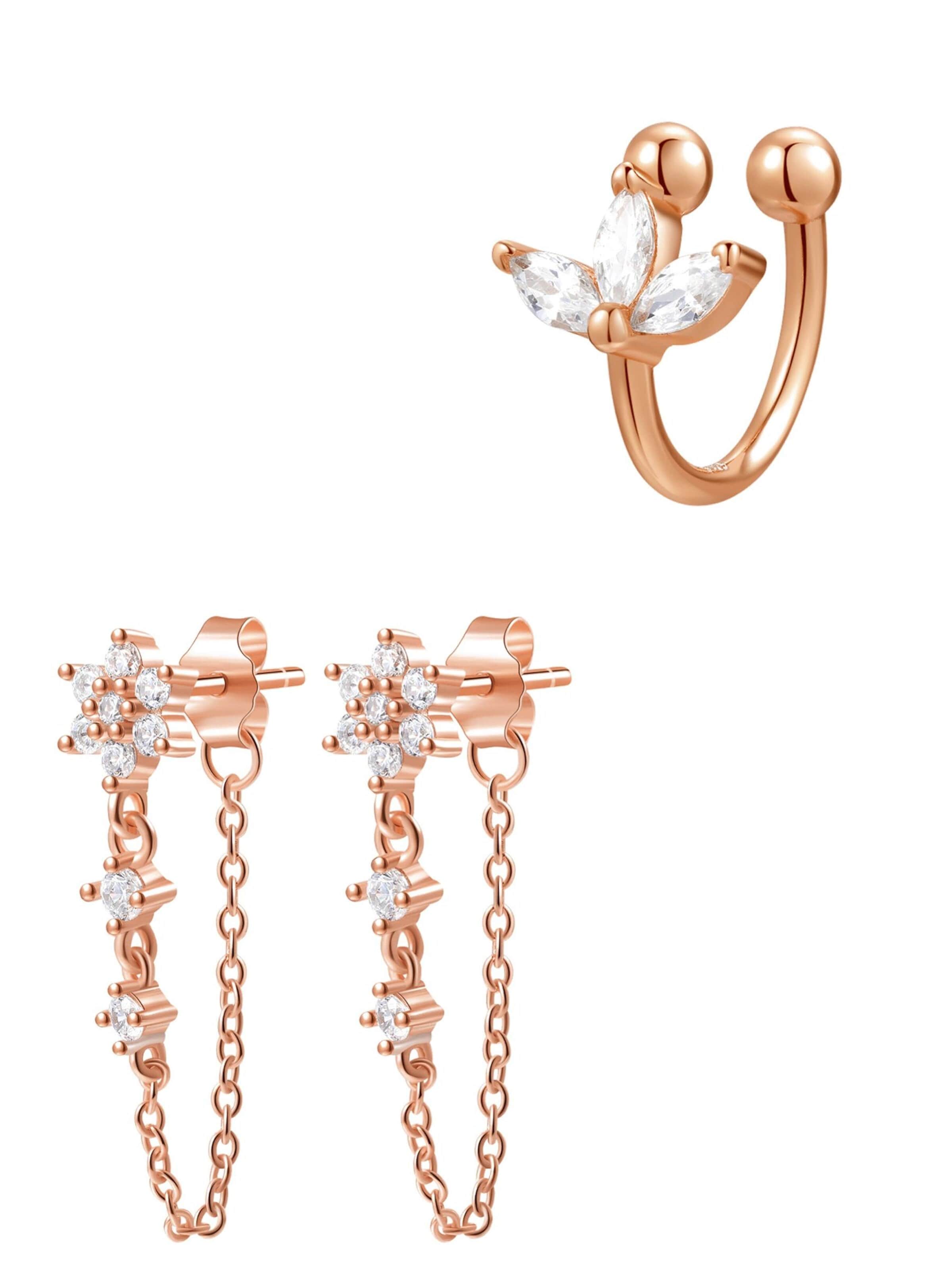 Hey Happiness Oorbellen 'Bloom Chain Stud Earrings & Blossom Ear Cuff Set' in Goud