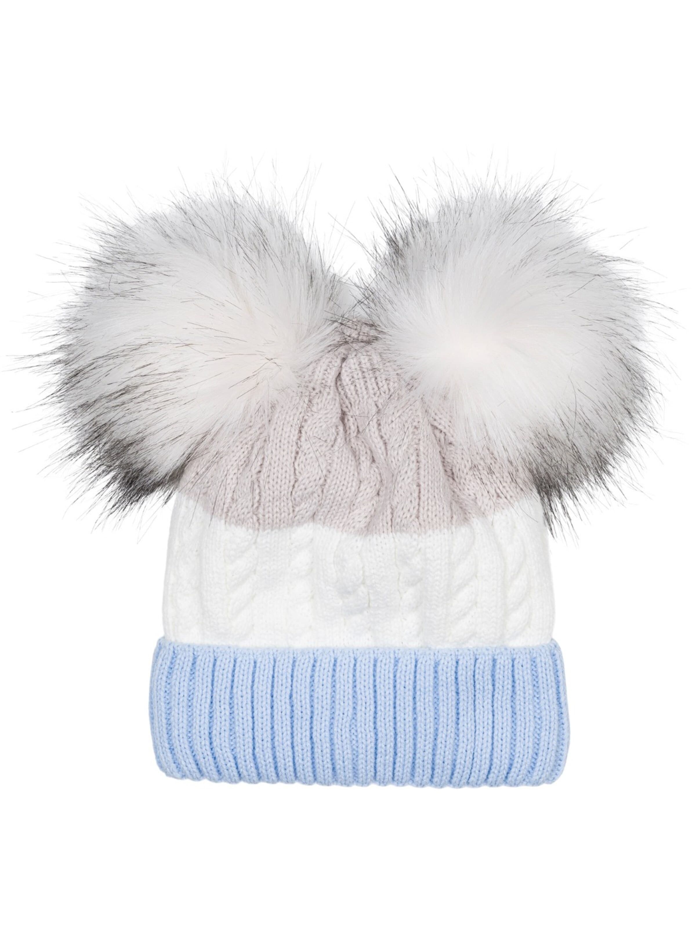 styleBREAKER Beanie 'Gestreifte Kinder Bommelmütze mit zwei Bommel' in Blue