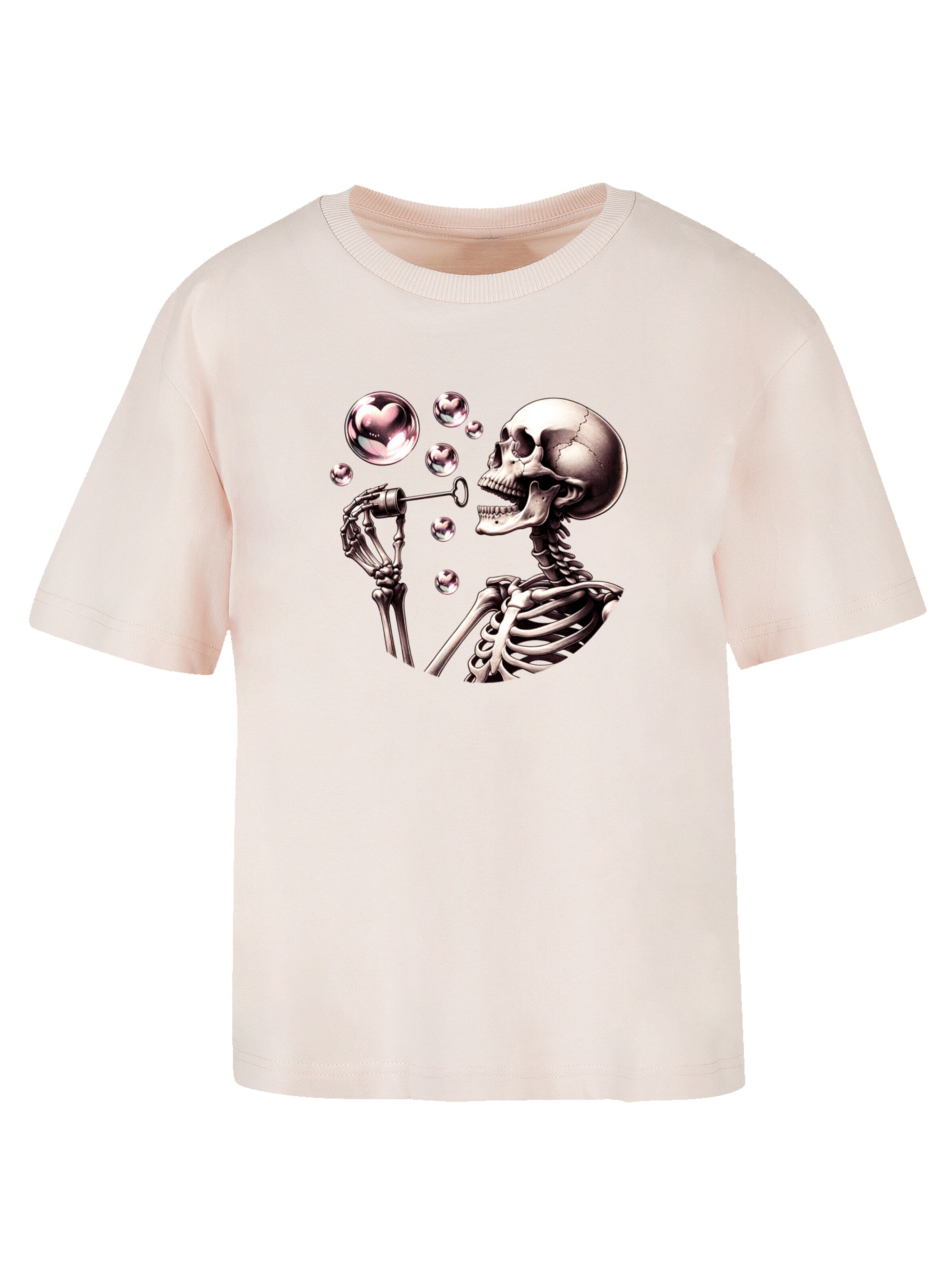 F4NT4STIC T-Shirt 'Cute Goth Skeleton Blowing Heart Shaped Bubbles' in Pink: Vorderseite
