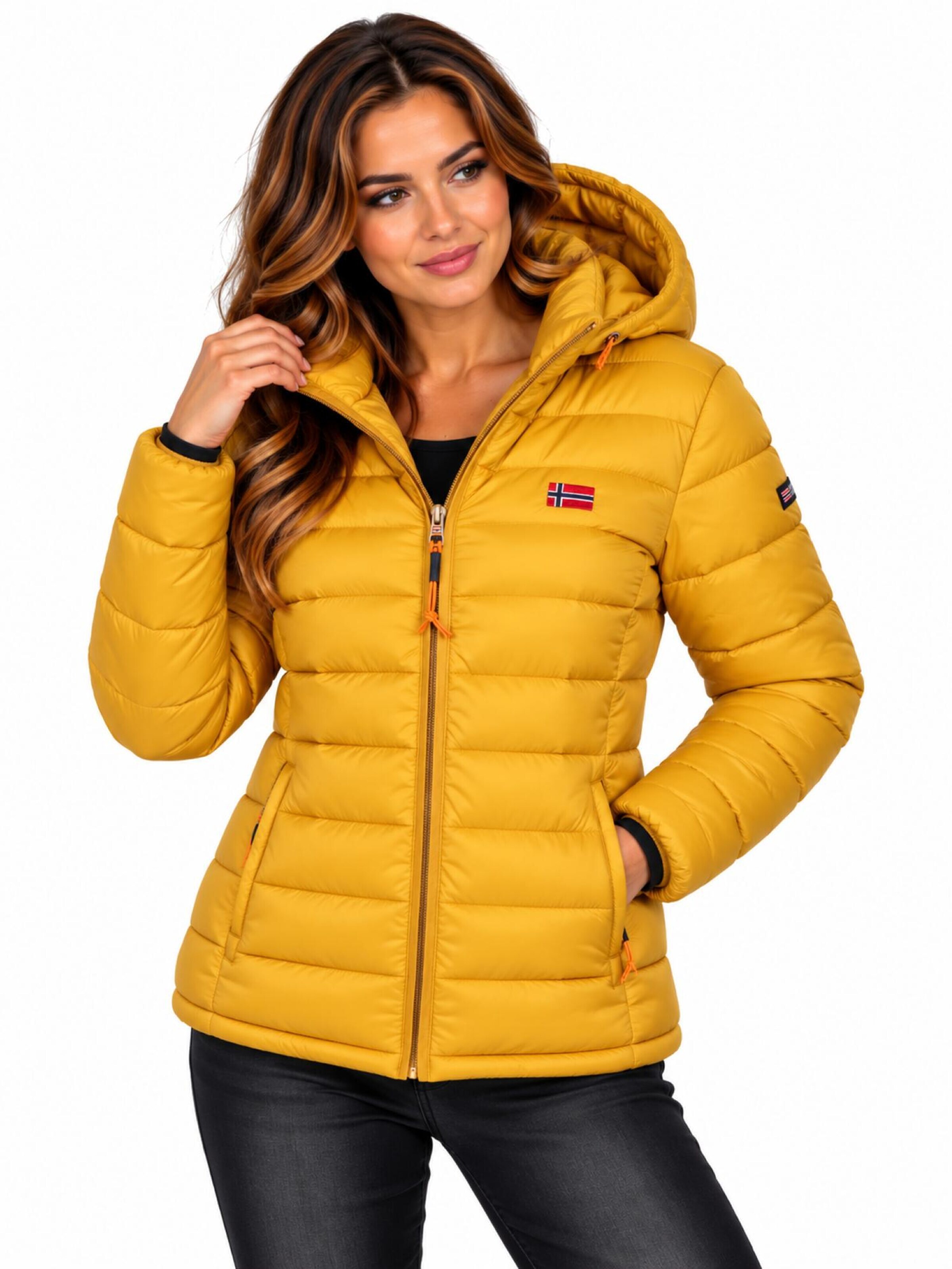 GEOGRAPHICAL NORWAY Winter Jacket 'Damen Herbst Winter Jacke Steppjacke Outdoor Übergangs leicht Kapuze' in Yellow: front