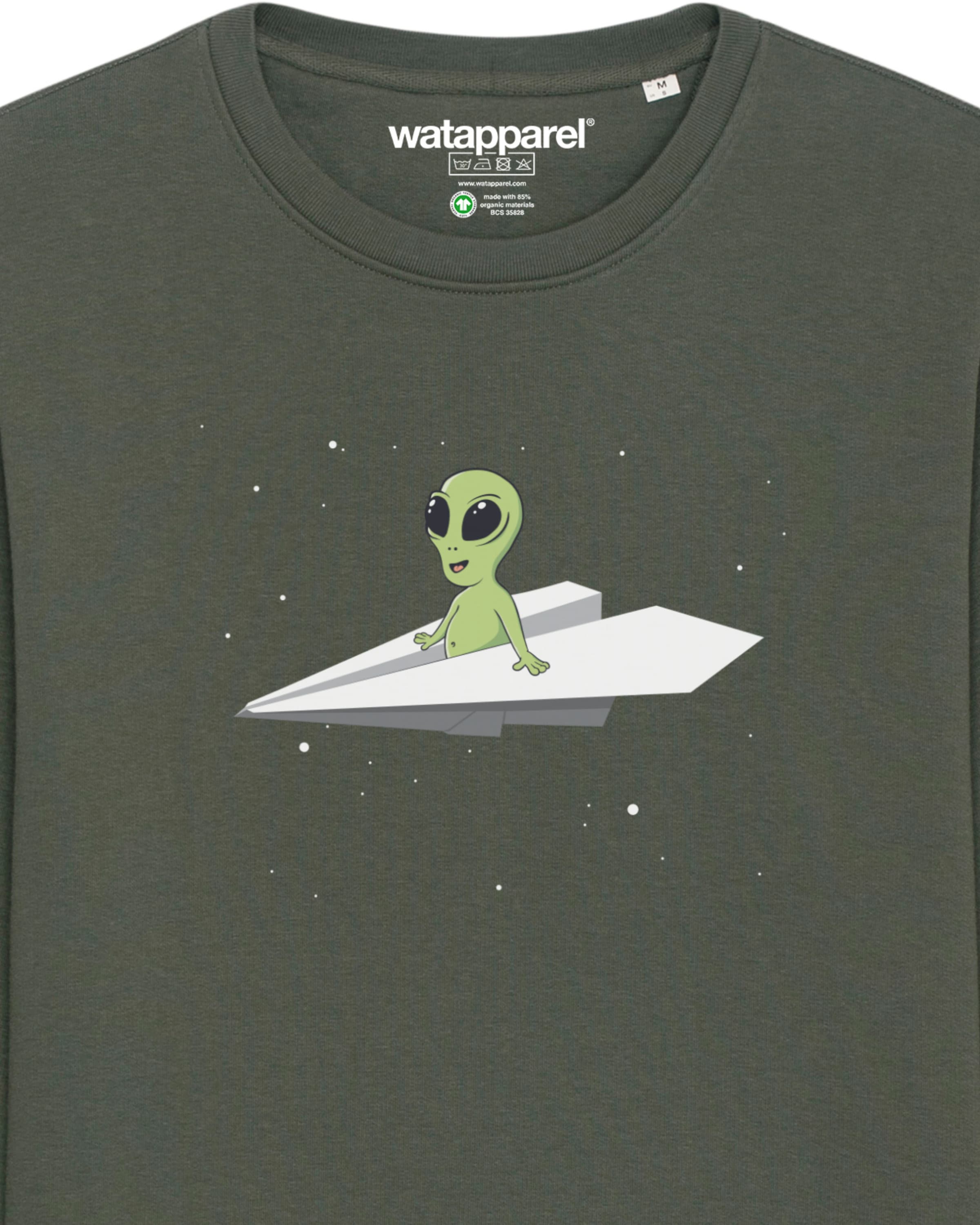 Watapparel Sweatshirt ' Alien on a paper plane ' in Groen