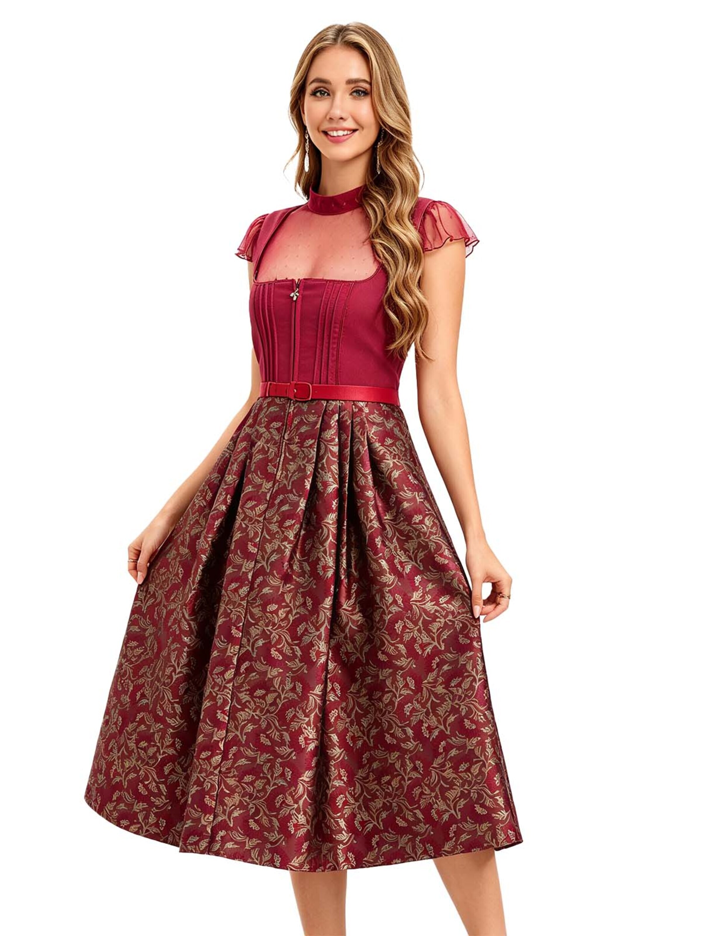 KoJooin Dirndl 'Damen Trachten-Set Baumwoll Dirndlkleid mit Jacquard,Satin-Schürze und Spitzenshirt mit Pünktchen' w kolorze czerwony