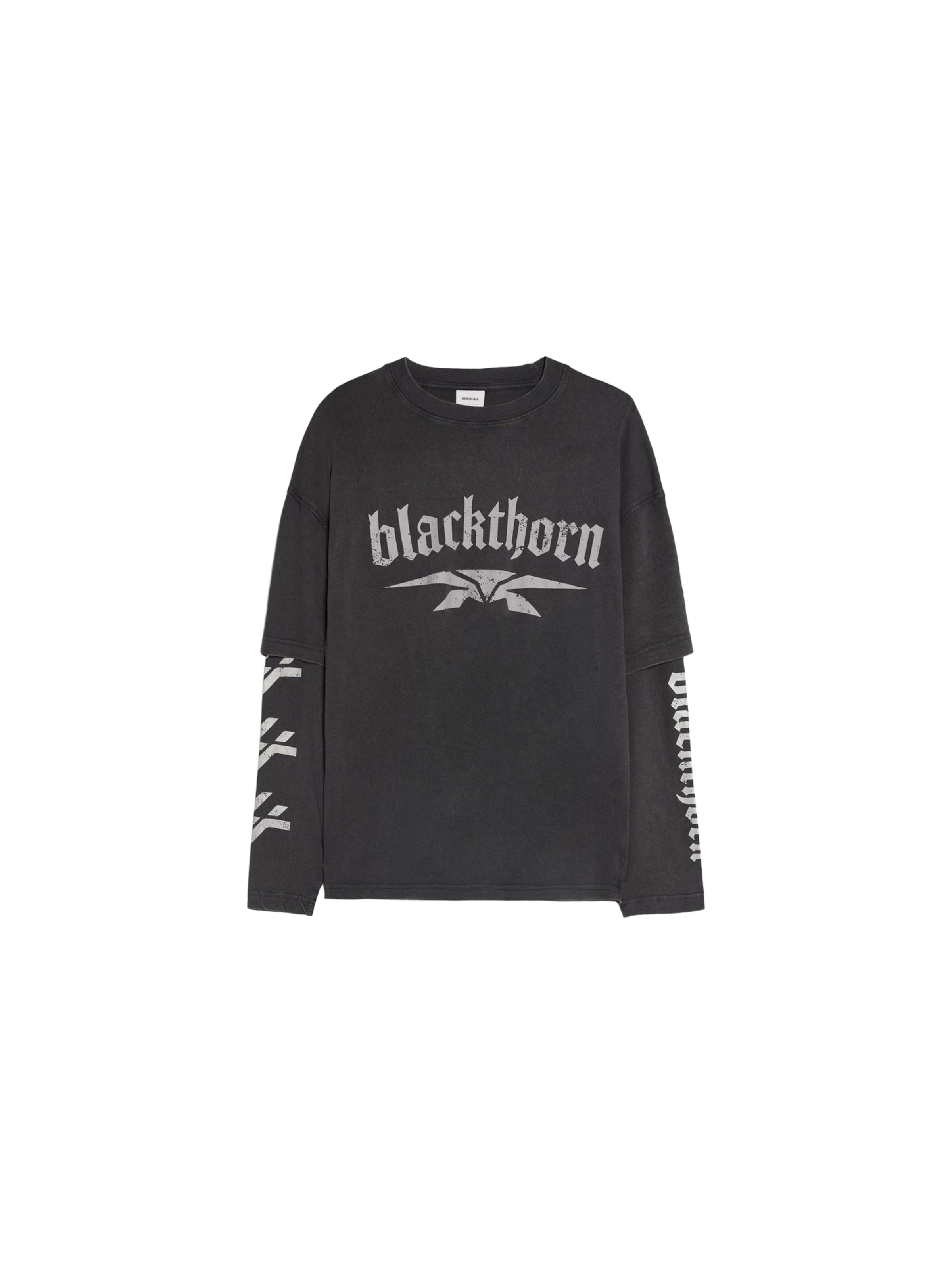 Bershka Tričko 'BLACKTHORN' ve velikosti XS - světle šedá / černá, Produkt