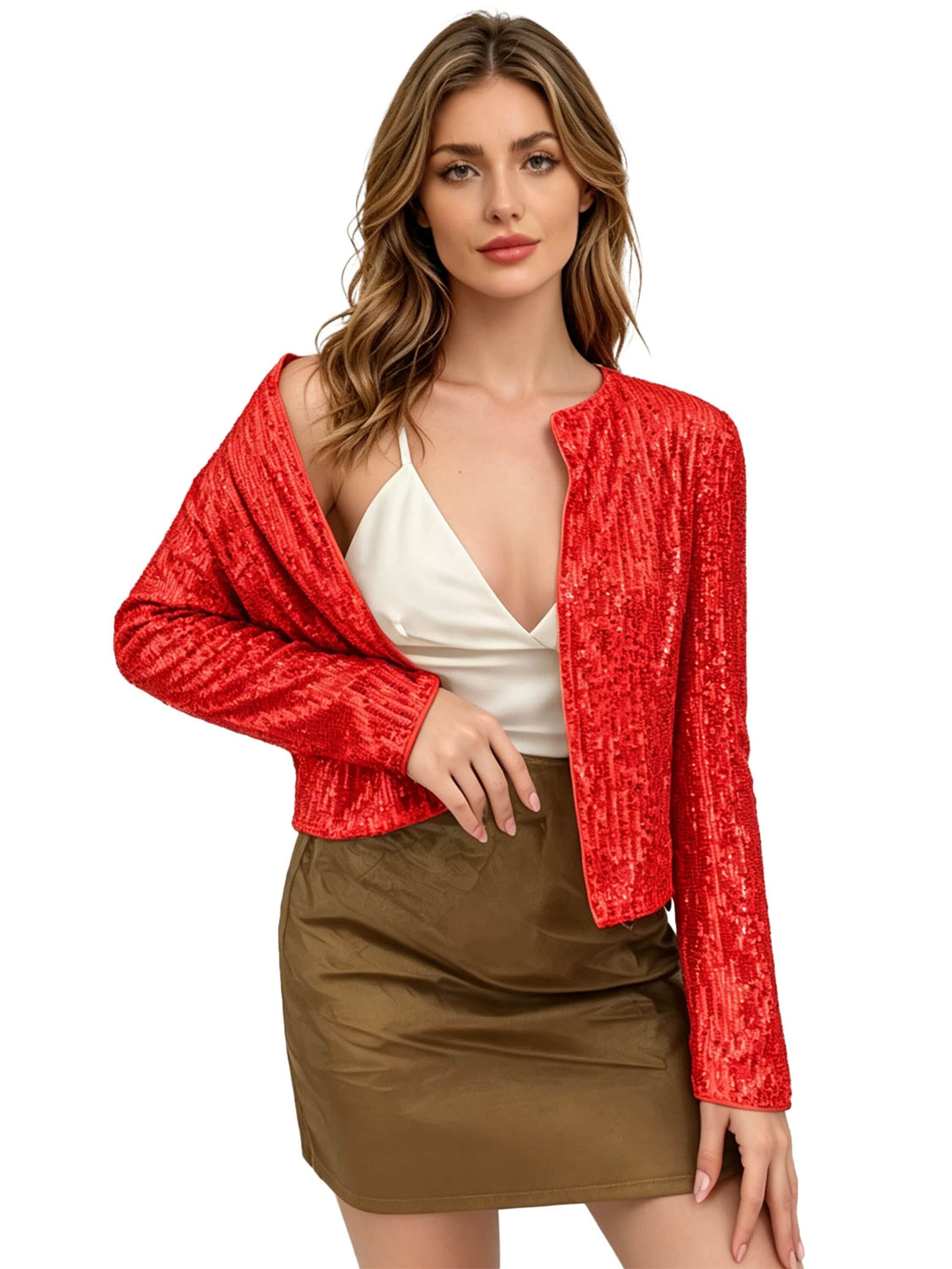 KoJooin Marynarka 'Paillettenbesetzter Damen-Blazer mit offenem Vorderteil, kragenlos, glitzernd' w kolorze czerwony