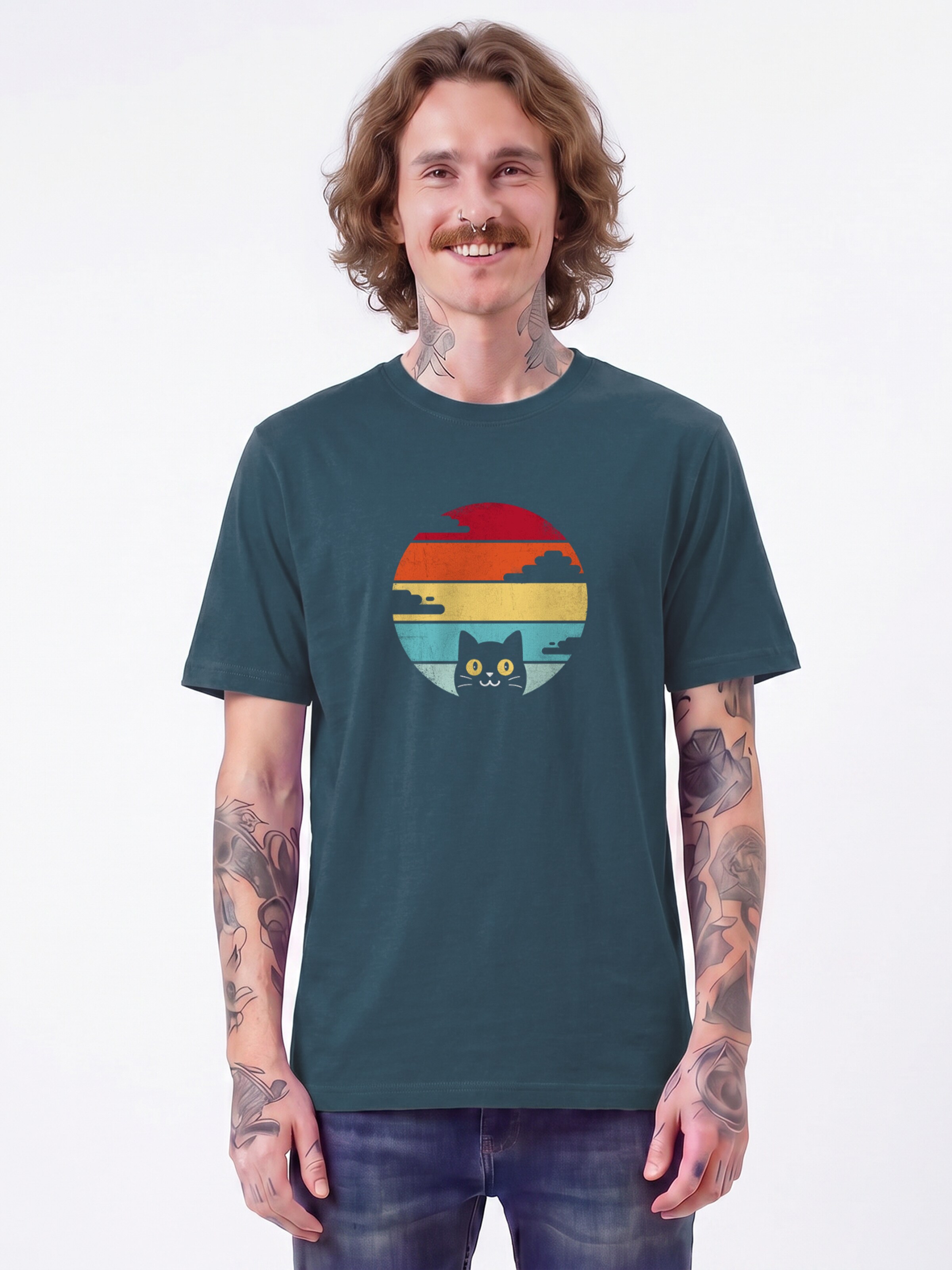 Watapparel Shirt ' Retro Sunset Cat ' in Blauw: voorkant
