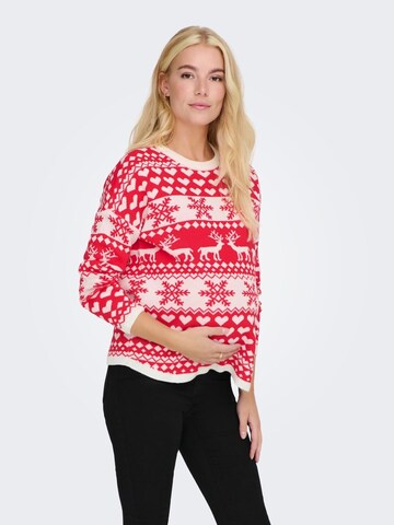 Only Maternity Sweater 'XMAS HEARTS' in Red: front