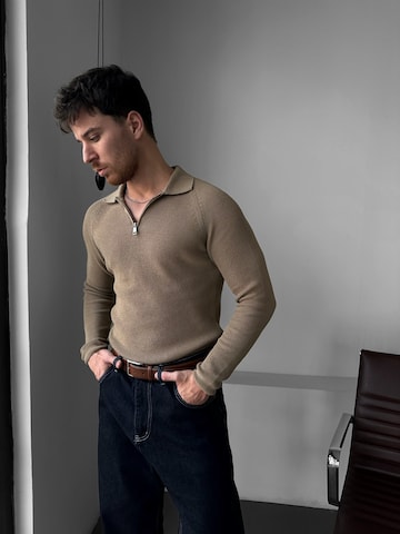 Kleidermafia Pullover 'Slim Fit Knit Zipper Polo Sweater - Camel'‌‌‌‌‌ in Beige
