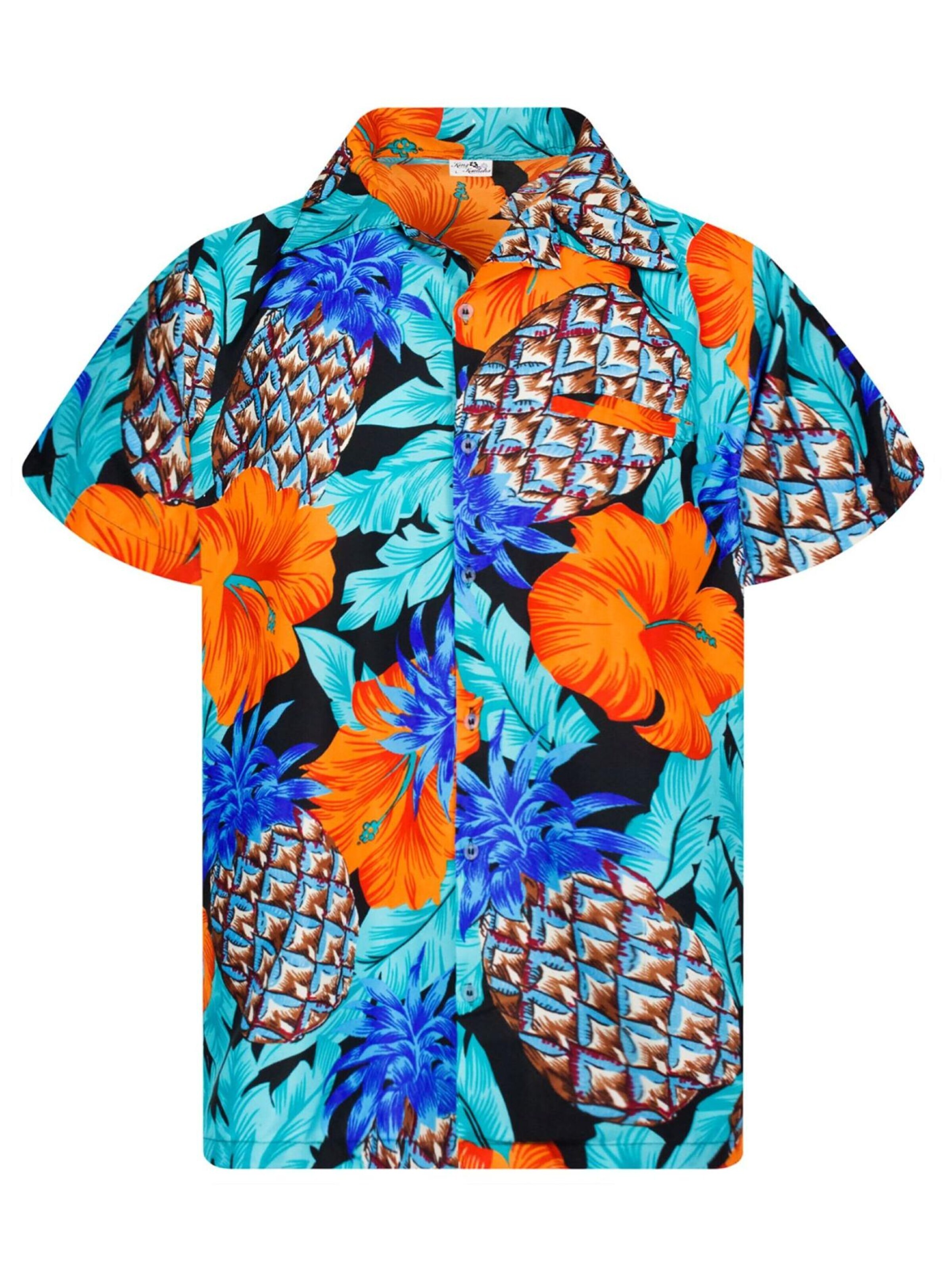 T-Shirt 'Pineapple Hibiscus Black Line' King Kameha en bleu : devant