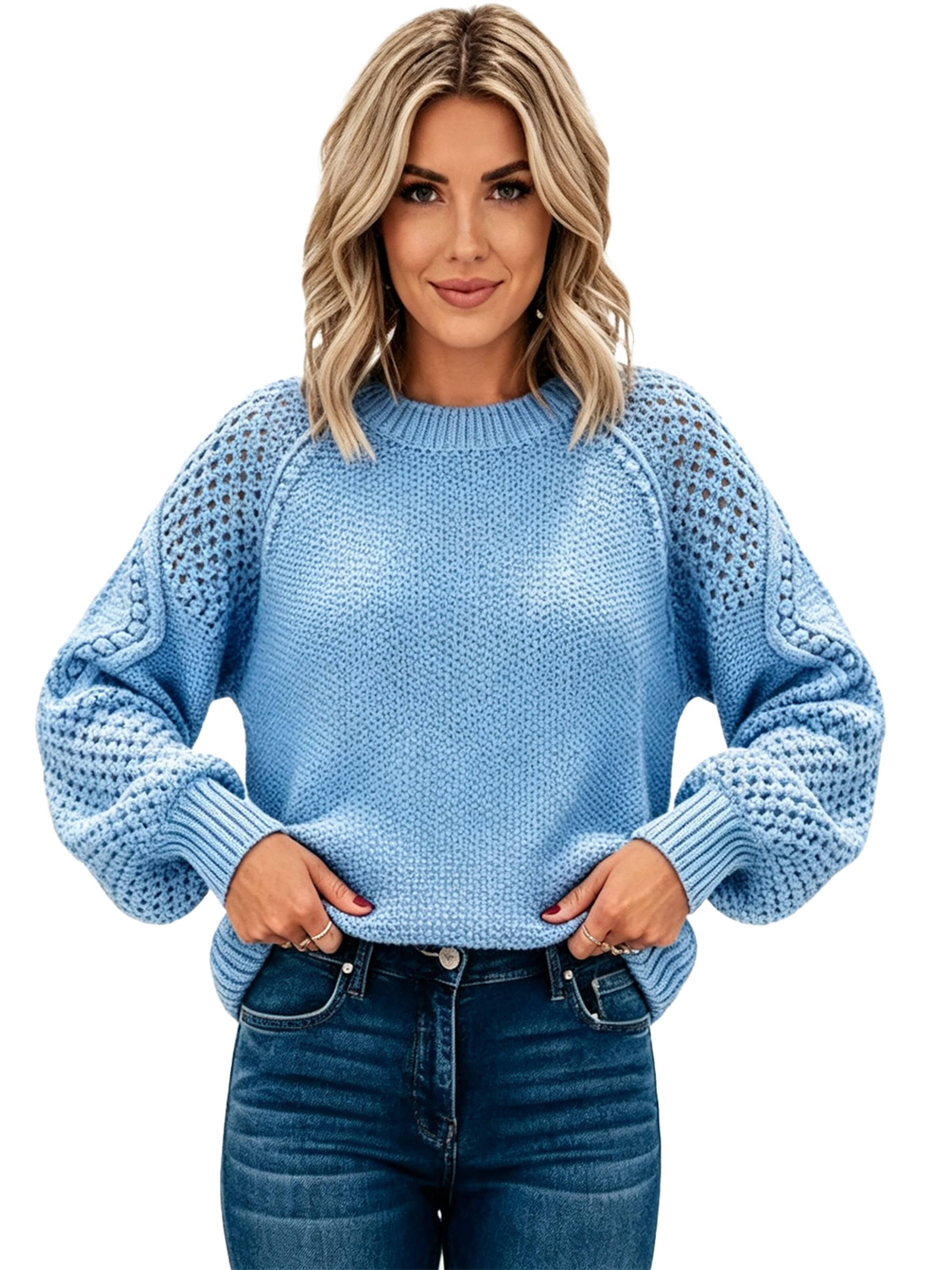 KoJooin Pullover 'Damen Pullover mit Rundhals und Zopfmuster – Kuscheliger, langärmeliger Strickpullover für Alltag'‌‌‌ in Blau