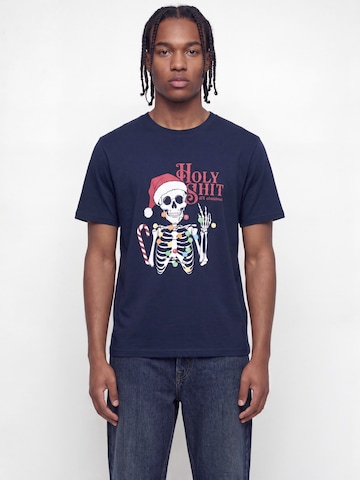 JACK & JONES Tričko 'JJMERRY SKULL XMAS' - Modrá: predná strana