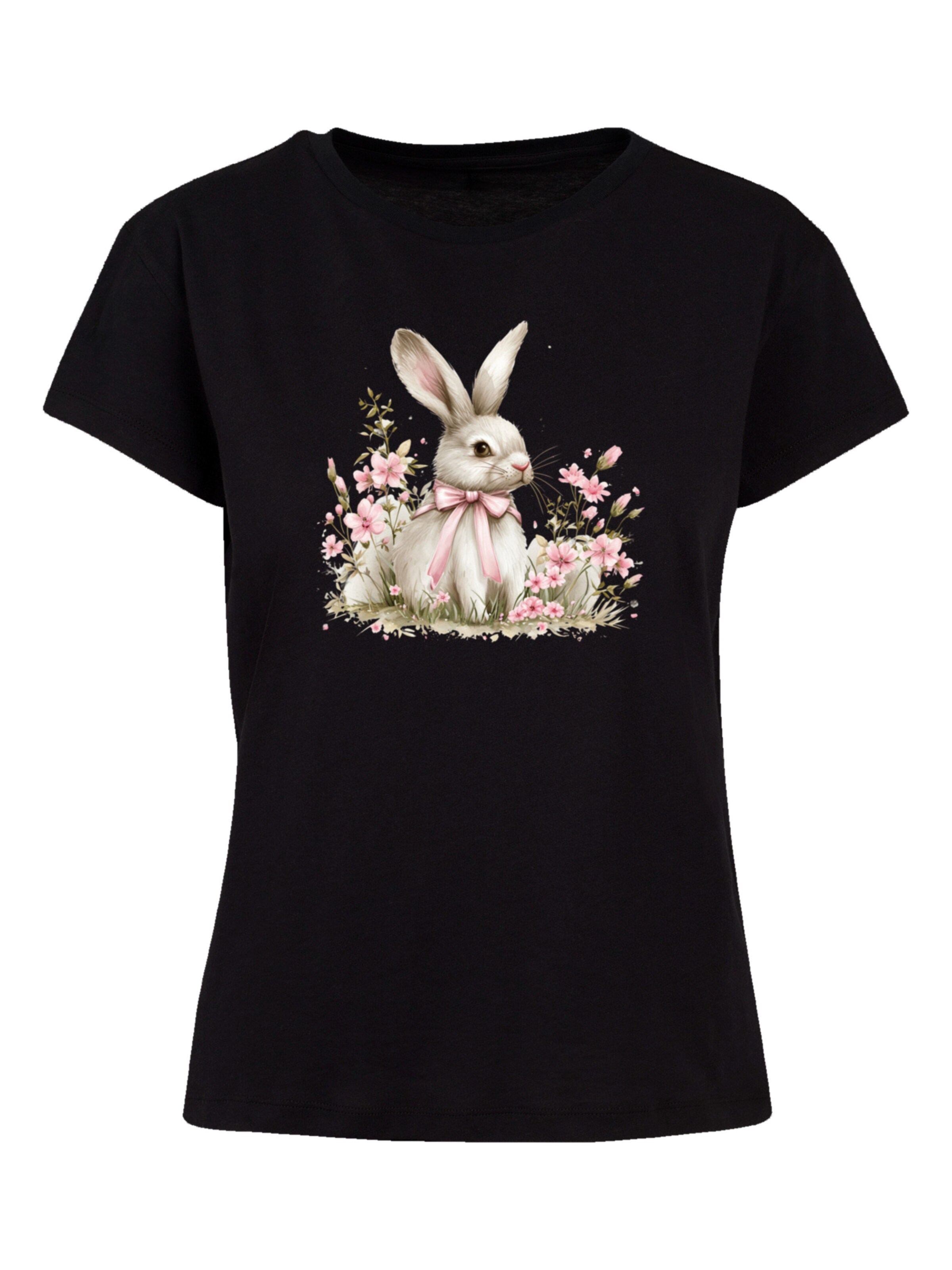 F4NT4STIC T-Shirt 'Niedlicher Osterhase Mit Blumen' in Schwarz: Vorderseite