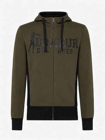 Boxeur des Rues - Sudadera con cremallera 'Herren Hoodie Fitted Boxeur des Rues mit Reißverschluss und Kapuze, Olivgrün, Schwarzes Logo, Baumwolle' en verde: frente