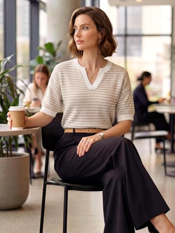 ARACH&CLOZ Pullover 'Strickpullover Damen Kurzarm-Pullover, Polo V-Ausschnitt 100% Baumwolle, Gestreift Sommer Strickshirt'‌‌‌ in Beige