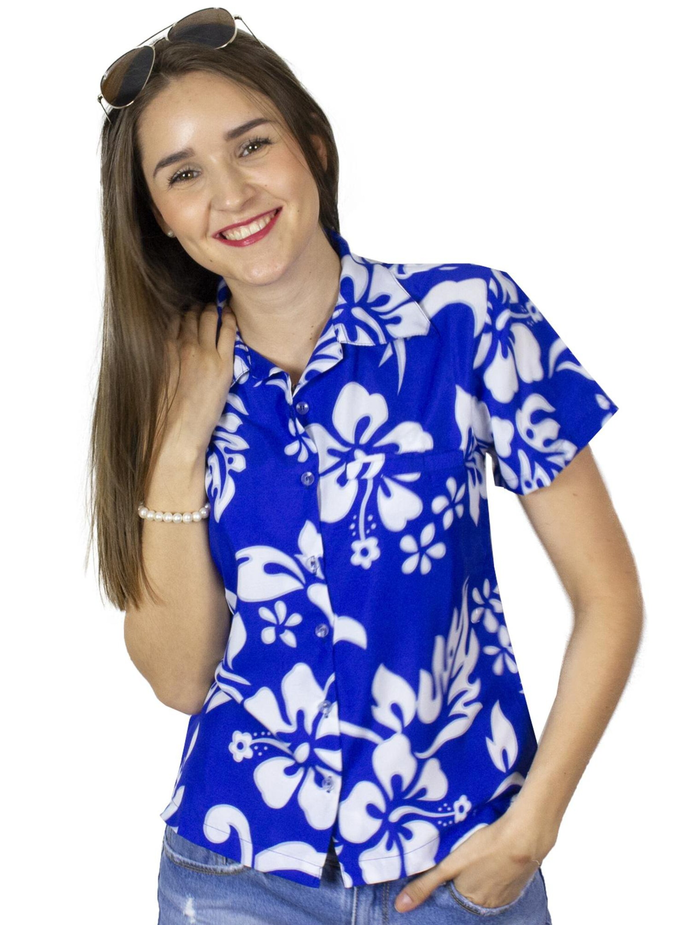 King Kameha Blouse 'Hibiscus' in Blue: front
