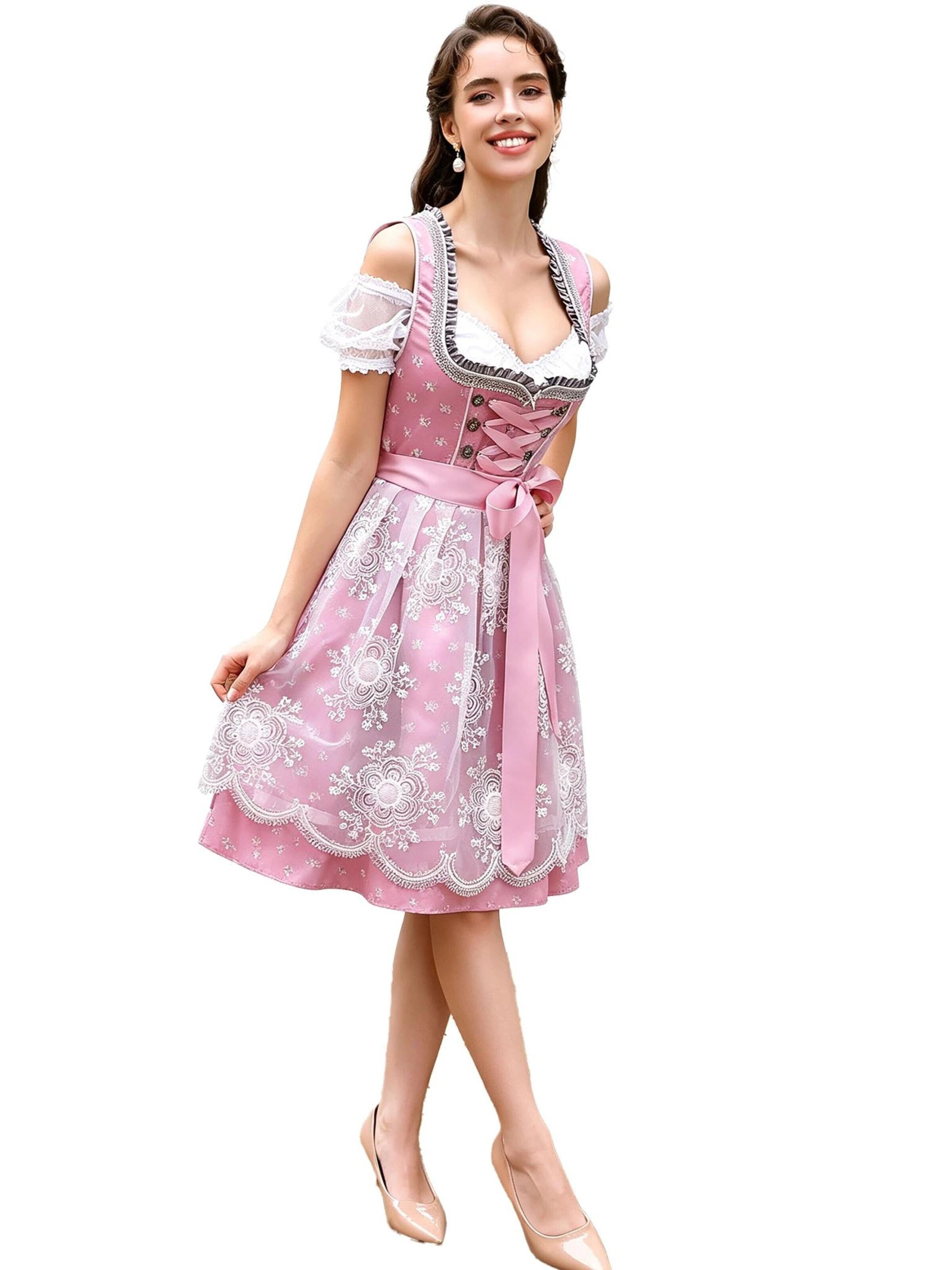 KoJooin Dirndl 'Damen Rosa Jacquard-Dirndl-Set mit Spitzenbluse,Trägerkleid und Tüllschürze 3‑teiliges Oktoberfest' w kolorze różowy