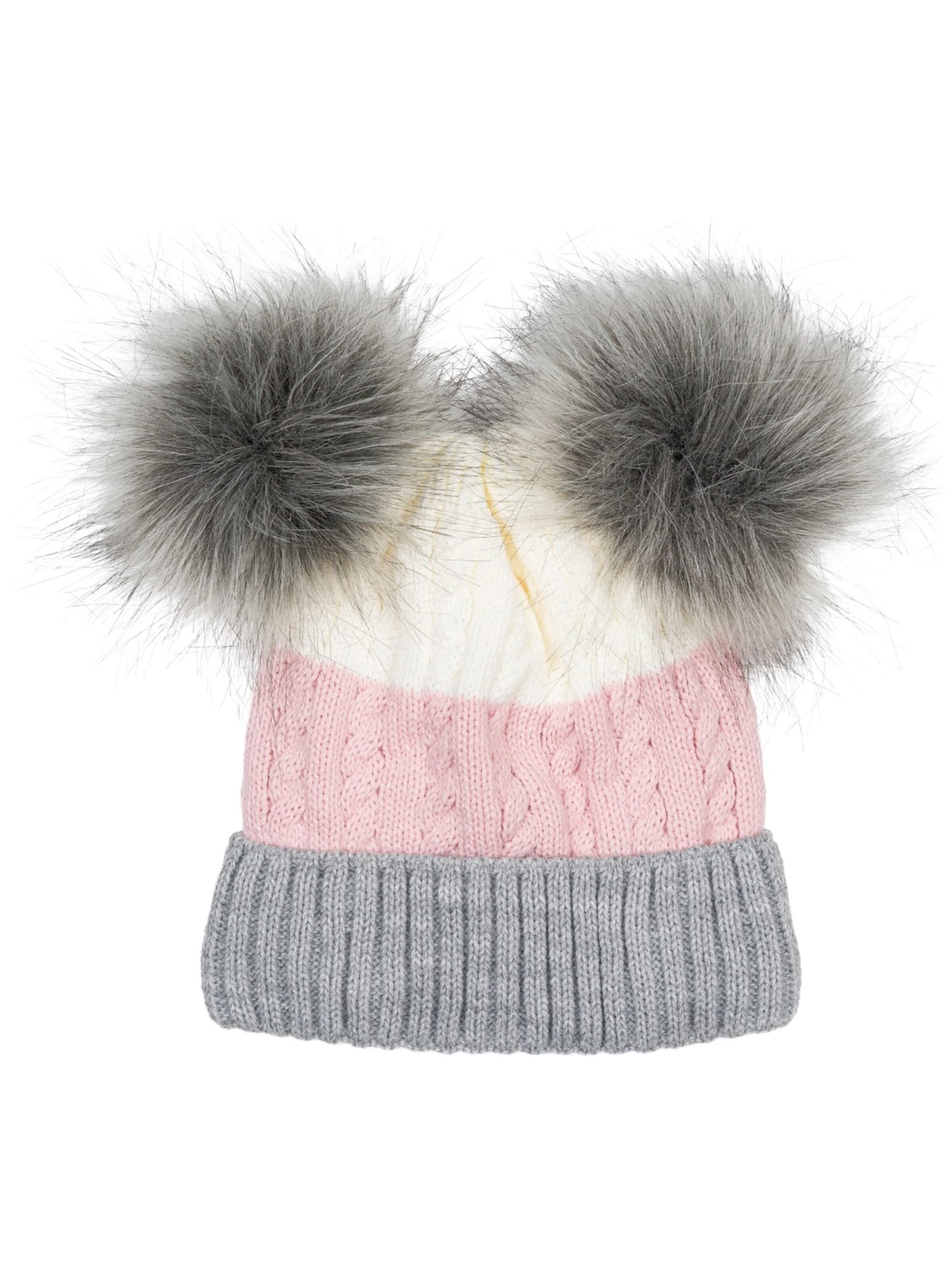 styleBREAKER Beanie 'Gestreifte Kinder Bommelmütze mit zwei Bommel' in Grey