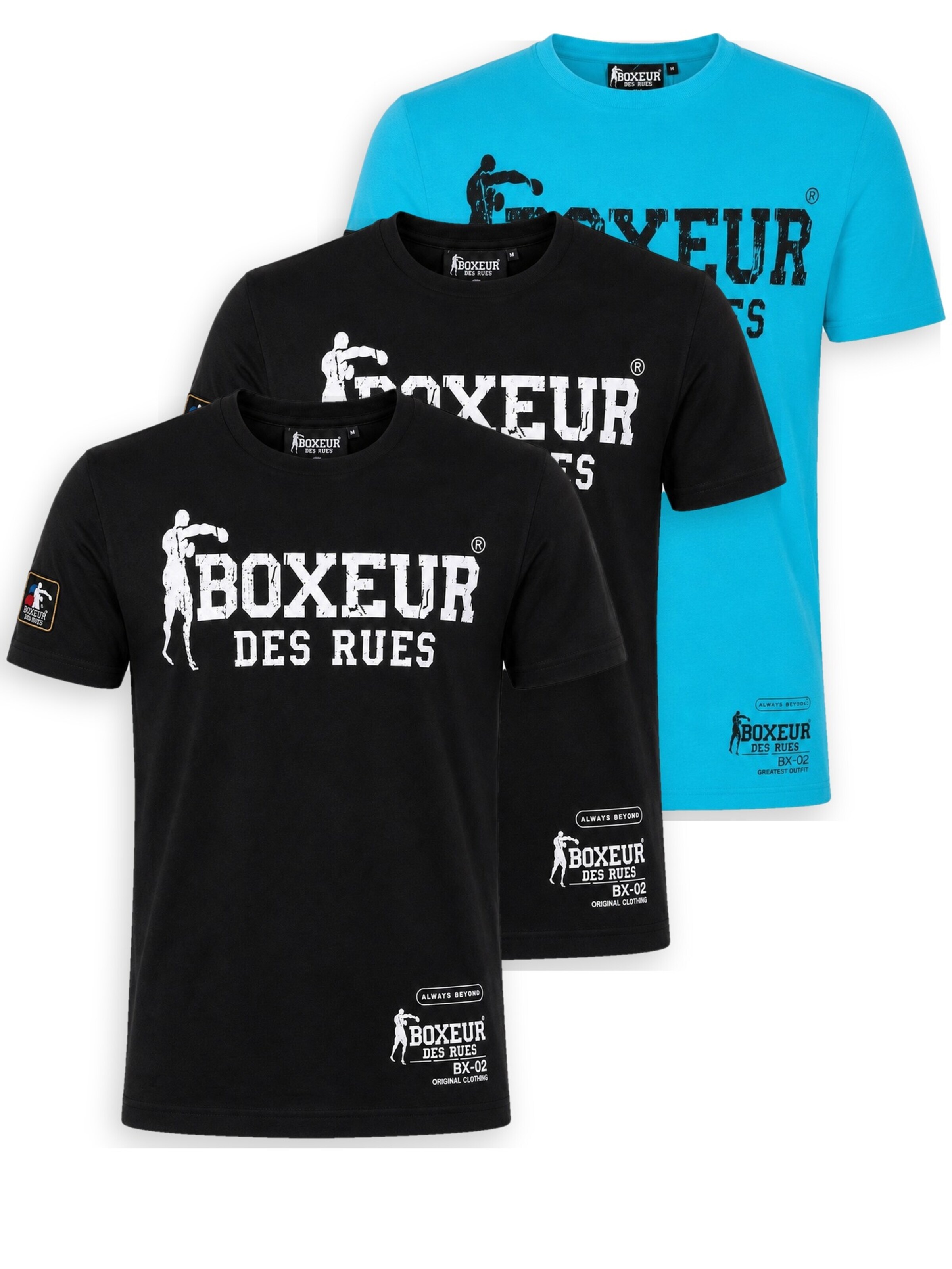 Boxeur des Rues Shirt 'Herren T-Shirt 3er-Pack Boxeur des Rues Slim Fit: 2 x Schwarz, Weißes Logo + Türkis, Schwarzes Logo'‌‌‌‌ in L/Regular in mischfarben, Produktansicht