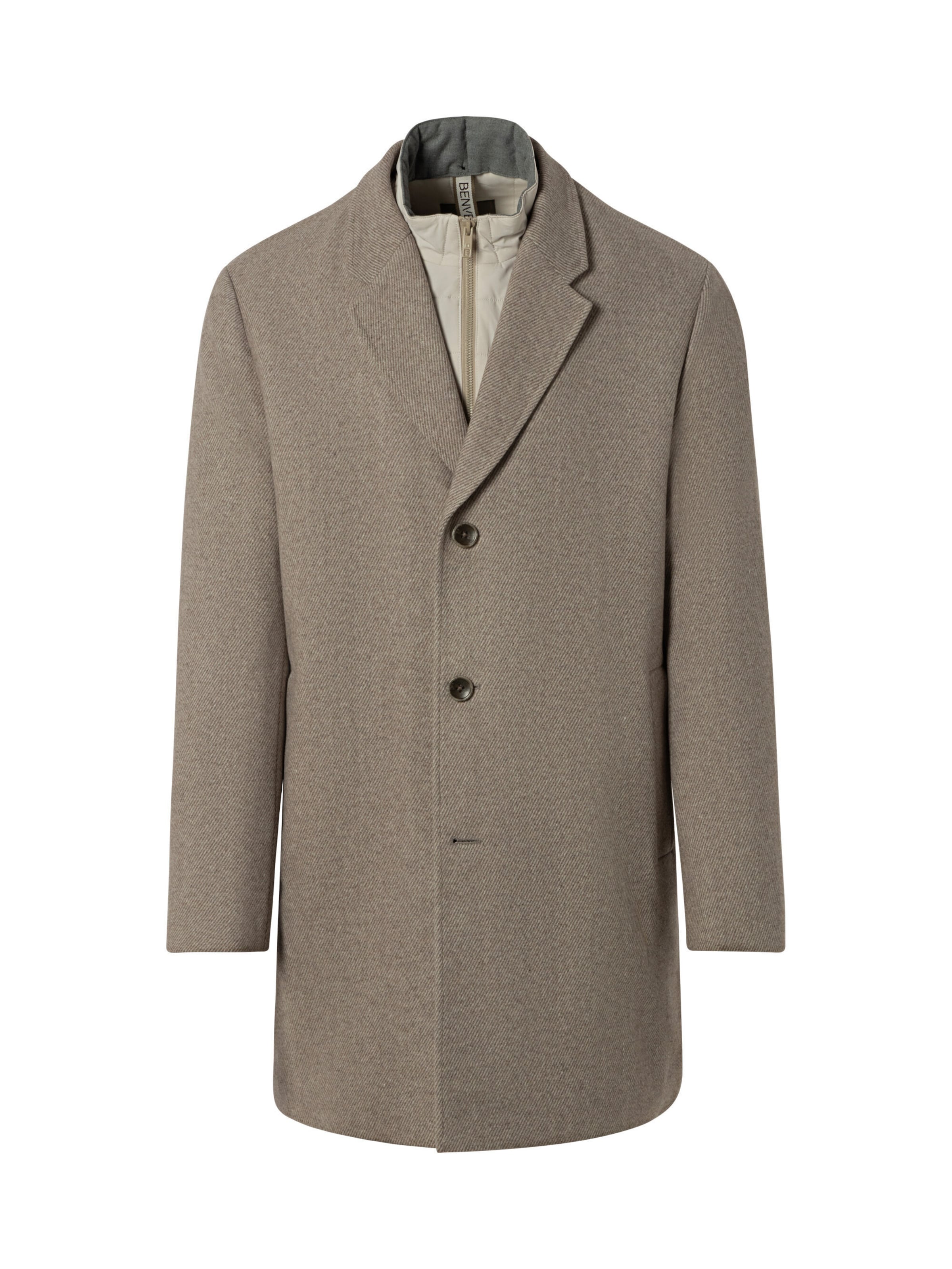 BENVENUTO Mantel 'GIANNI', Model ist 185 cm groß und trägt Größe 50, abnehmbarer Westeneinsatz in Braun: Vorderseite