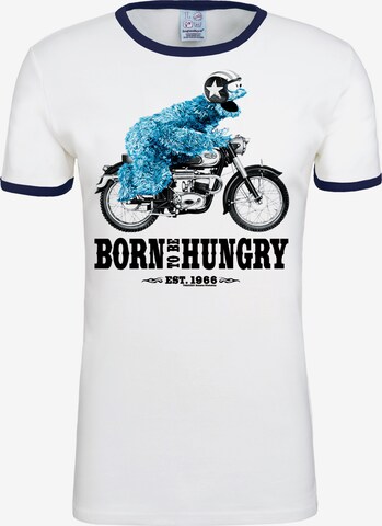 LOGOSHIRT Shirt 'Sesamstrasse – Krümelmonster Motorrad' in Wit: voorkant