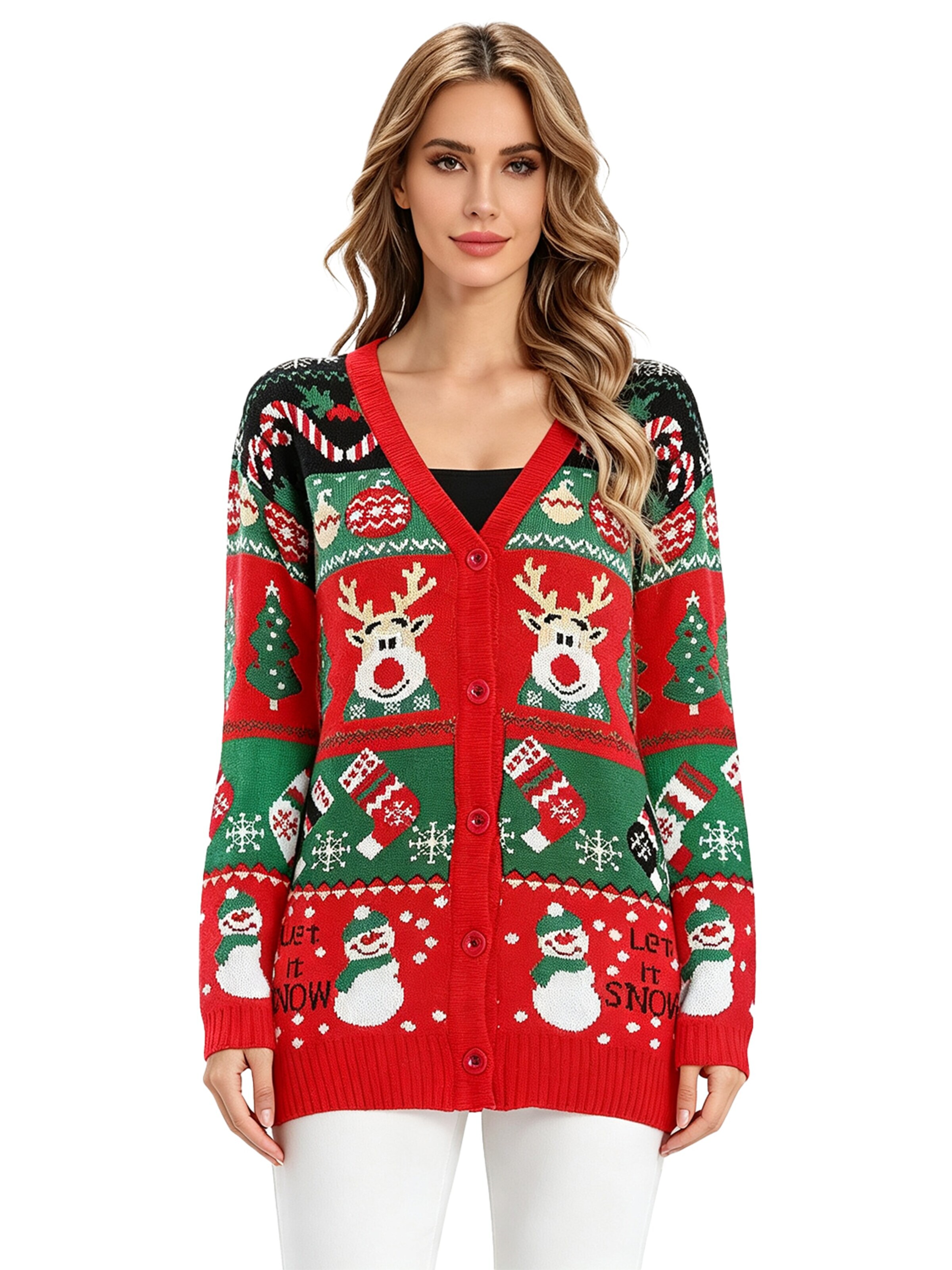 KoJooin Knit cardigan 'Damen Ugly Christmas Sweater mit Rentier Lustiger festlicher Strickpullover mit Schneeflocken' in Red: front