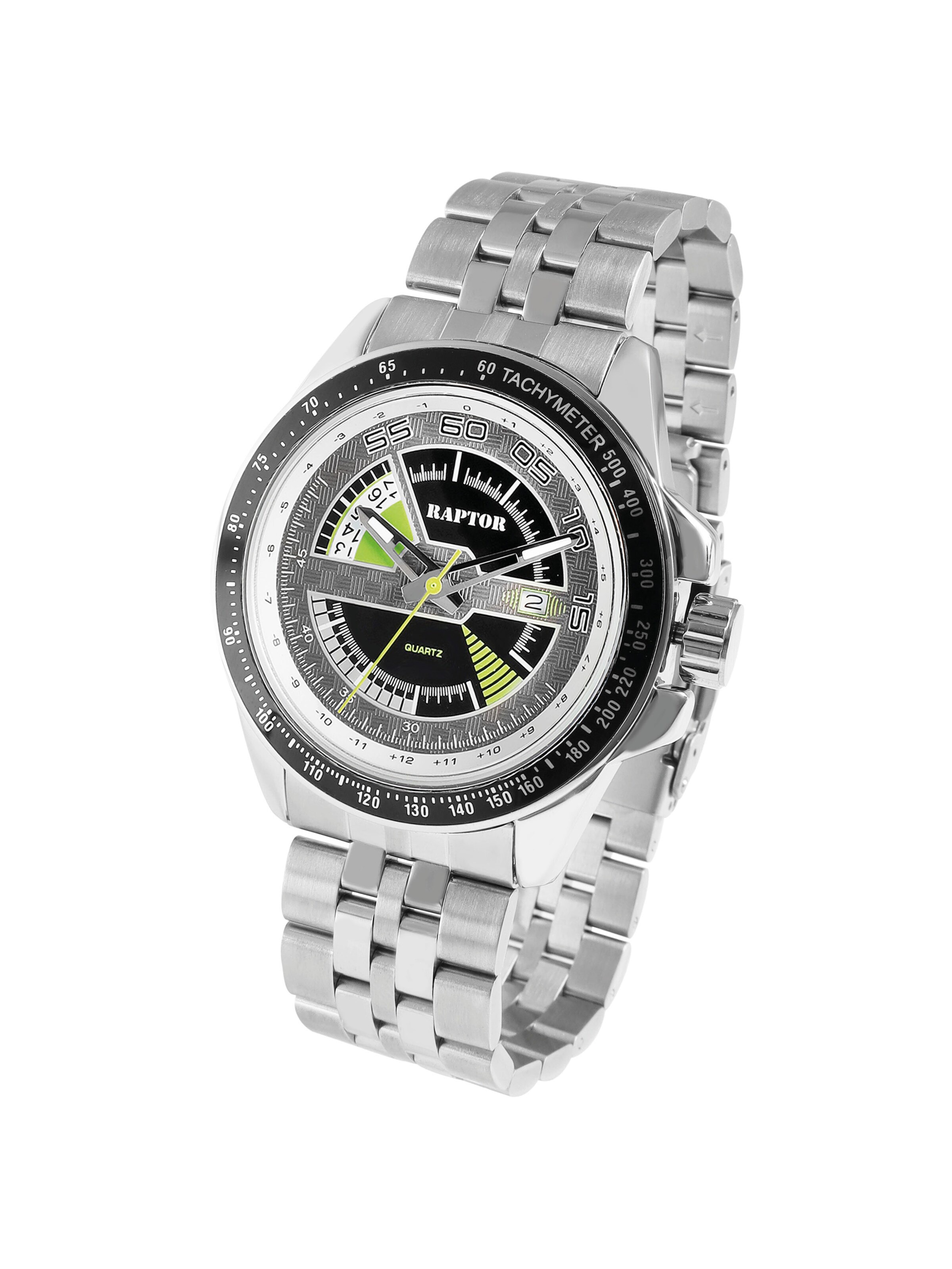 Raptor Analoguhr 'aus Edelstahl mit Datumsanzeige und Tachymeter, kürzbar'‌‌‌‌‌ in Silber: Vorderseite