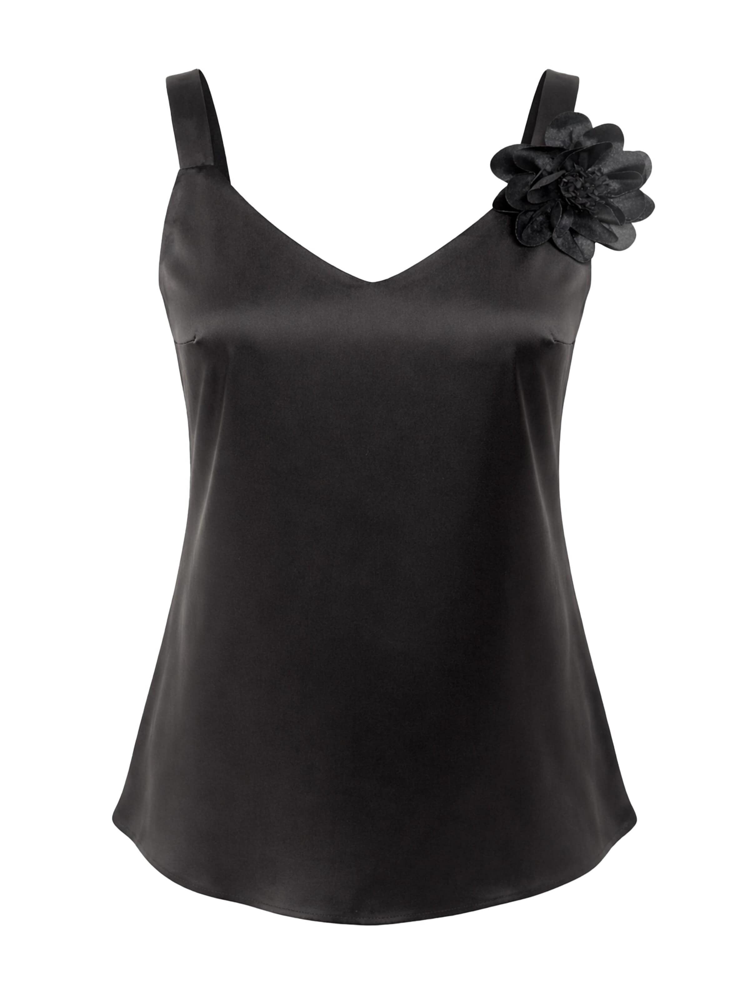 REGINA FASHION Top 'V-Neck Satin Top with 3D Flower Detail' in Black: front