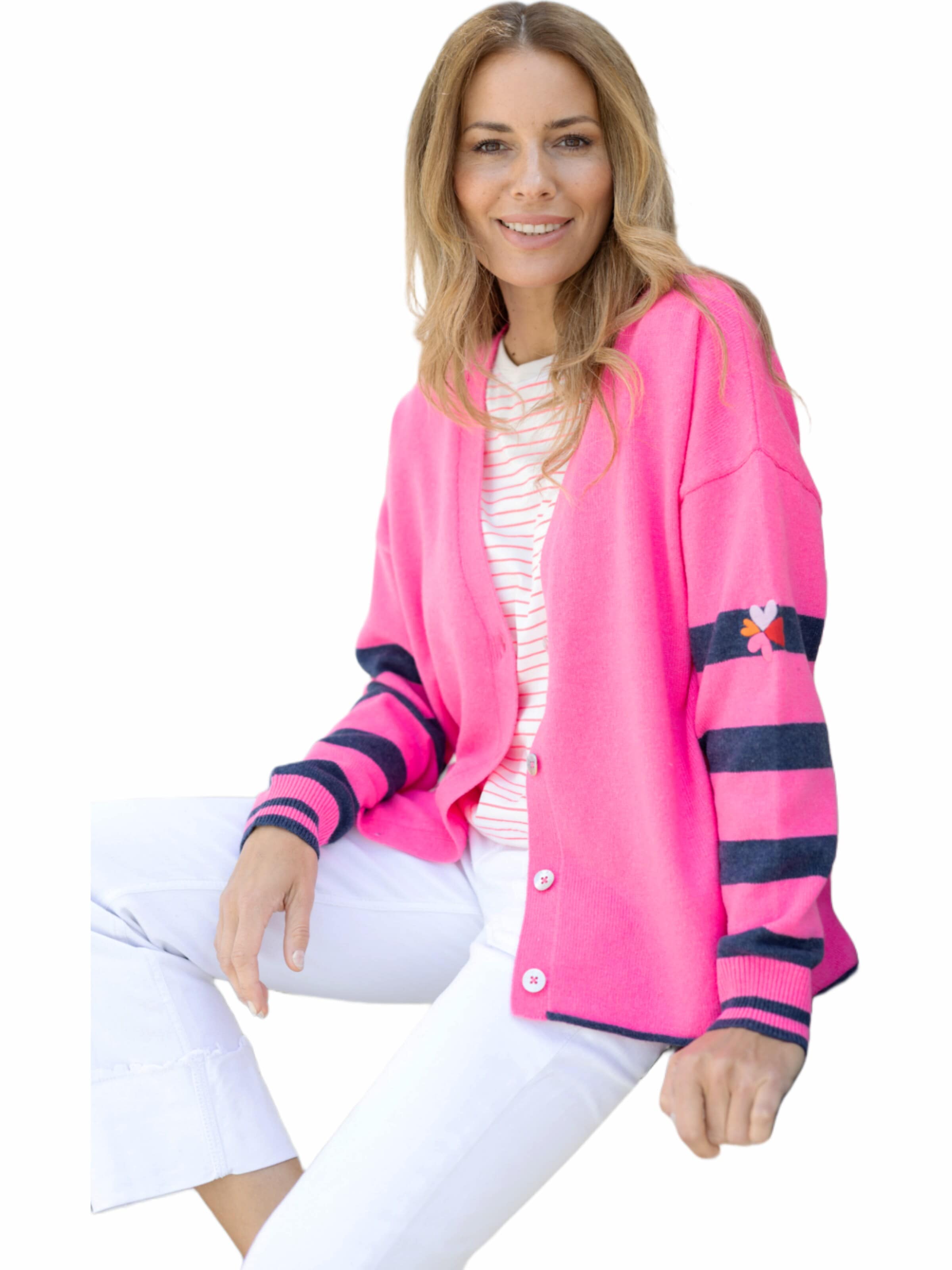 LIKS. Munich Knit cardigan 'Strickjacke Ärmel gestreift aus Organic Cotton-Woll-Mischung - DeltaC' in Pink: front