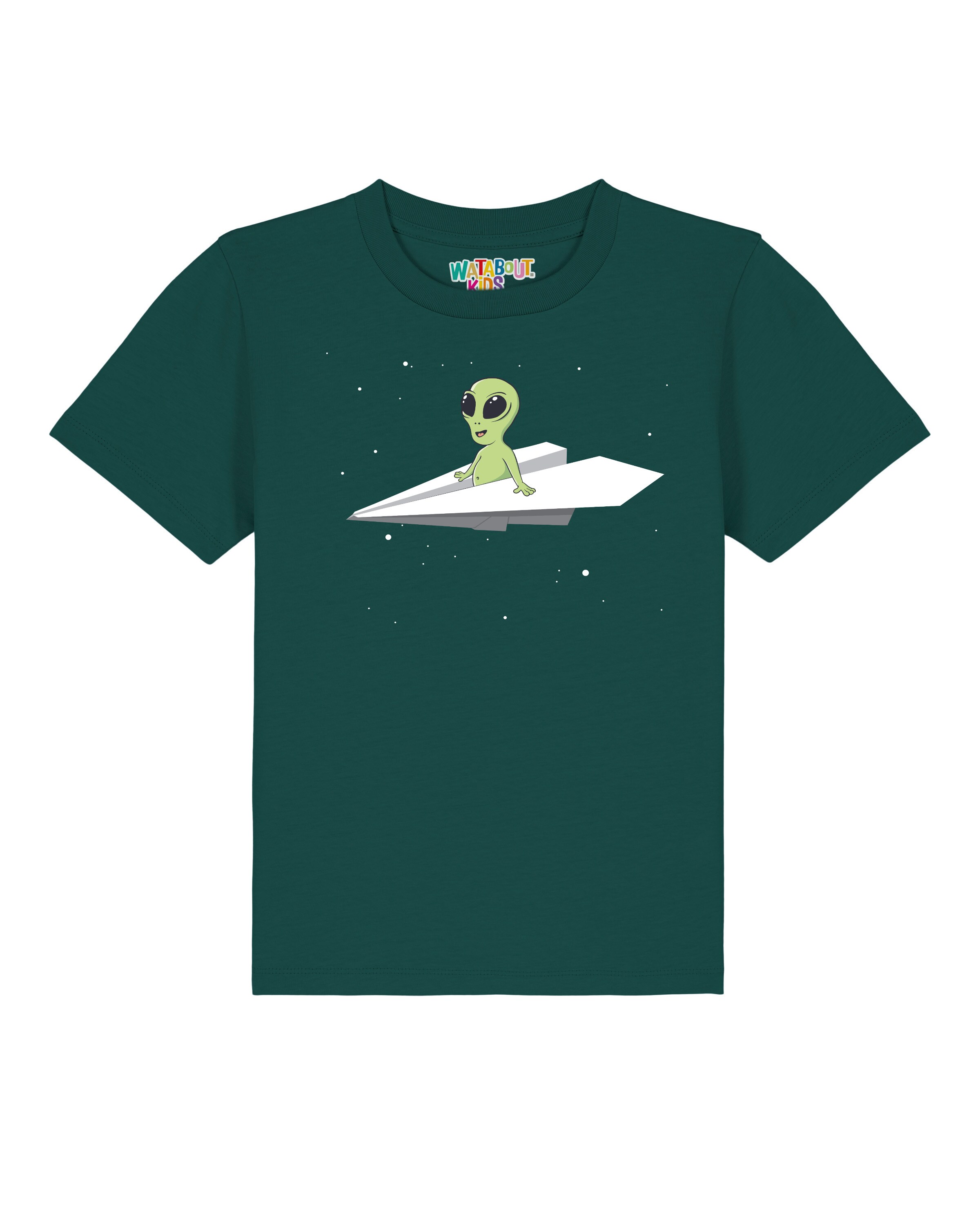 watabout.kids T-Shirt 'Alien On A Paper Plane' in Grün: Vorderseite