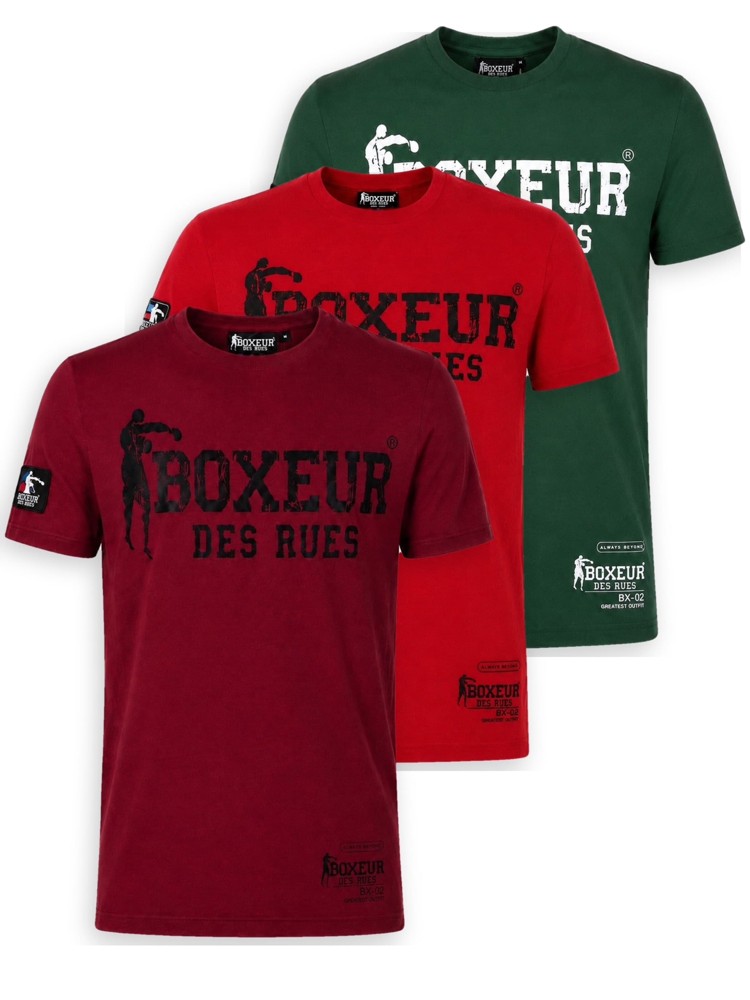 Boxeur des Rues Shirt 'Herren T-Shirt 3er-Pack Boxeur des Rues Slim Fit: Bordeaux + Rot, Schwarzes Logo + Dunkelgrün, Weißes Logo'‌ in S/Regular in mischfarben, Produktansicht