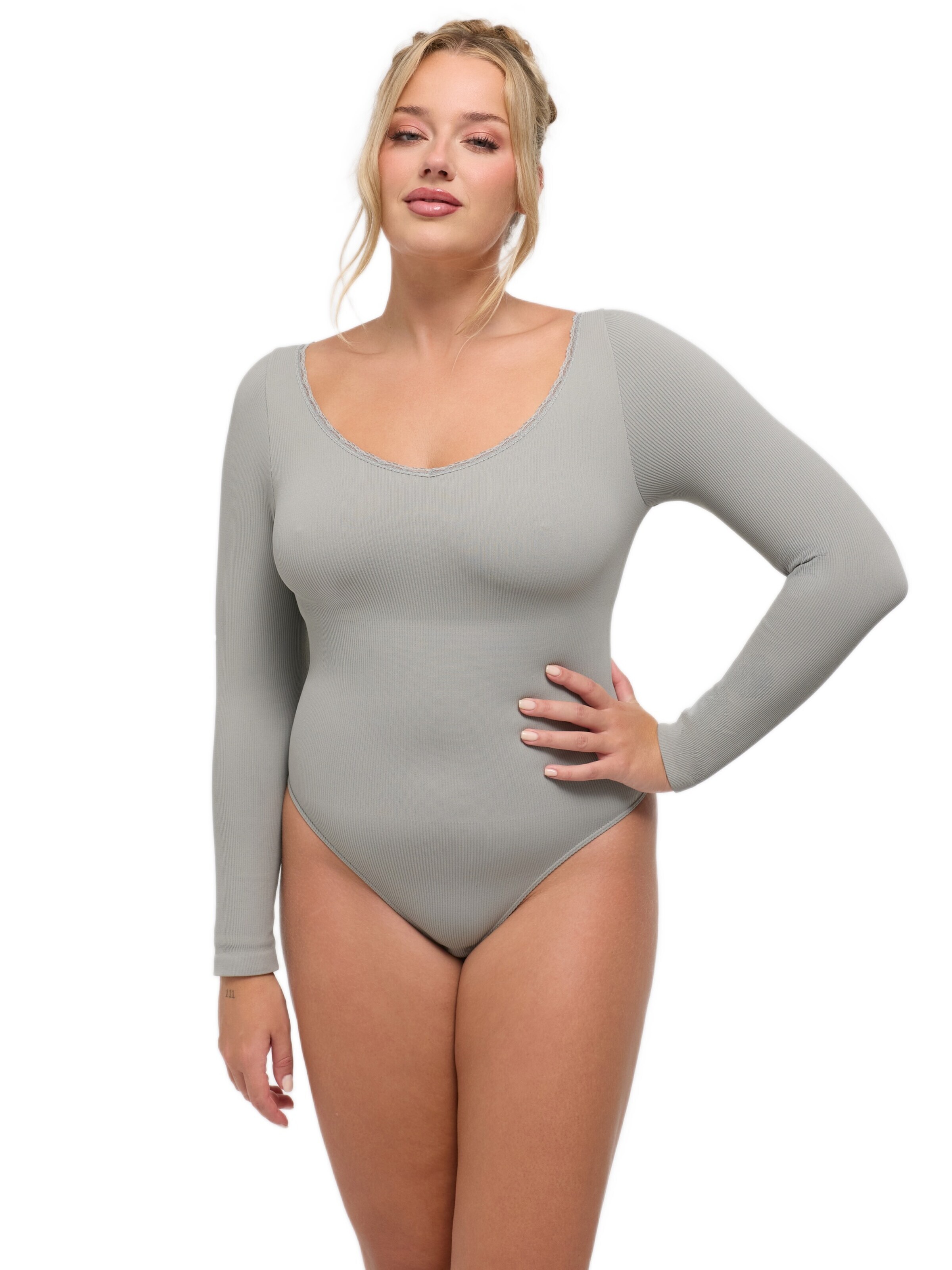 cfab Body 'Ribbed Longsleeve V-Neck Sculpting Lace Bodysuit with String' in Grijs