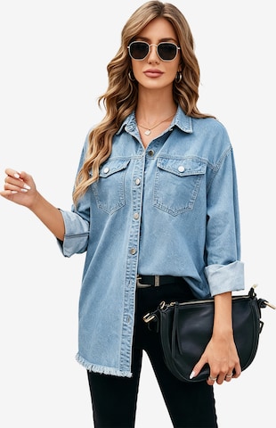 KoJooin Płaszcz letni 'Damen Übergrößen Jeansjacke mit Knopfleiste und Used-Look Trendige Denim Shacket für Herbstoutfits' w kolorze niebieski: przód