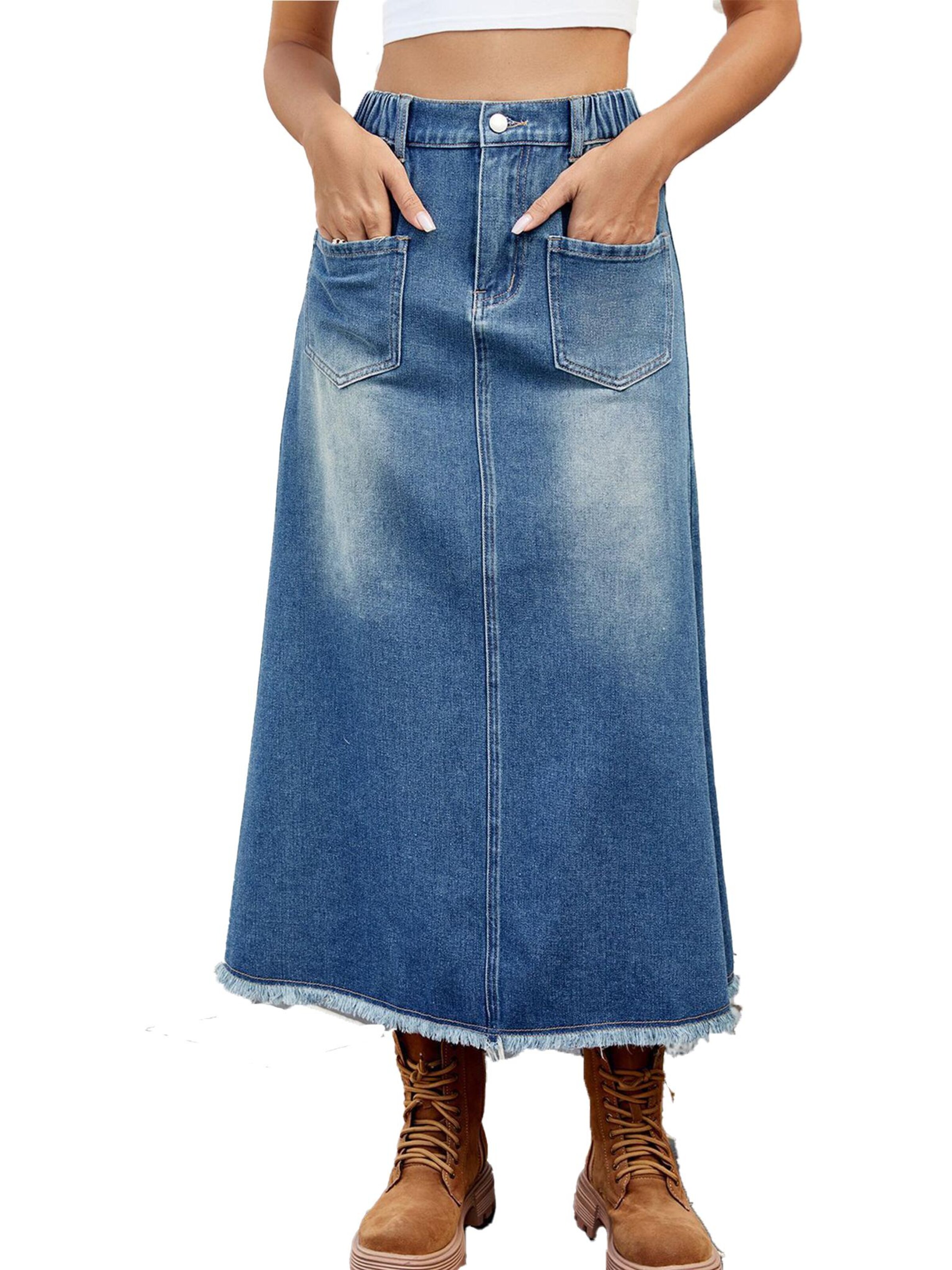 KoJooin Rock 'Damen-Jeansrock Maxi A-Linie Hochtailliert Offener Saum Lässiger Jeansrock'‌‌‌‌‌‌‌‌‌‌ in Blau: Vorderseite
