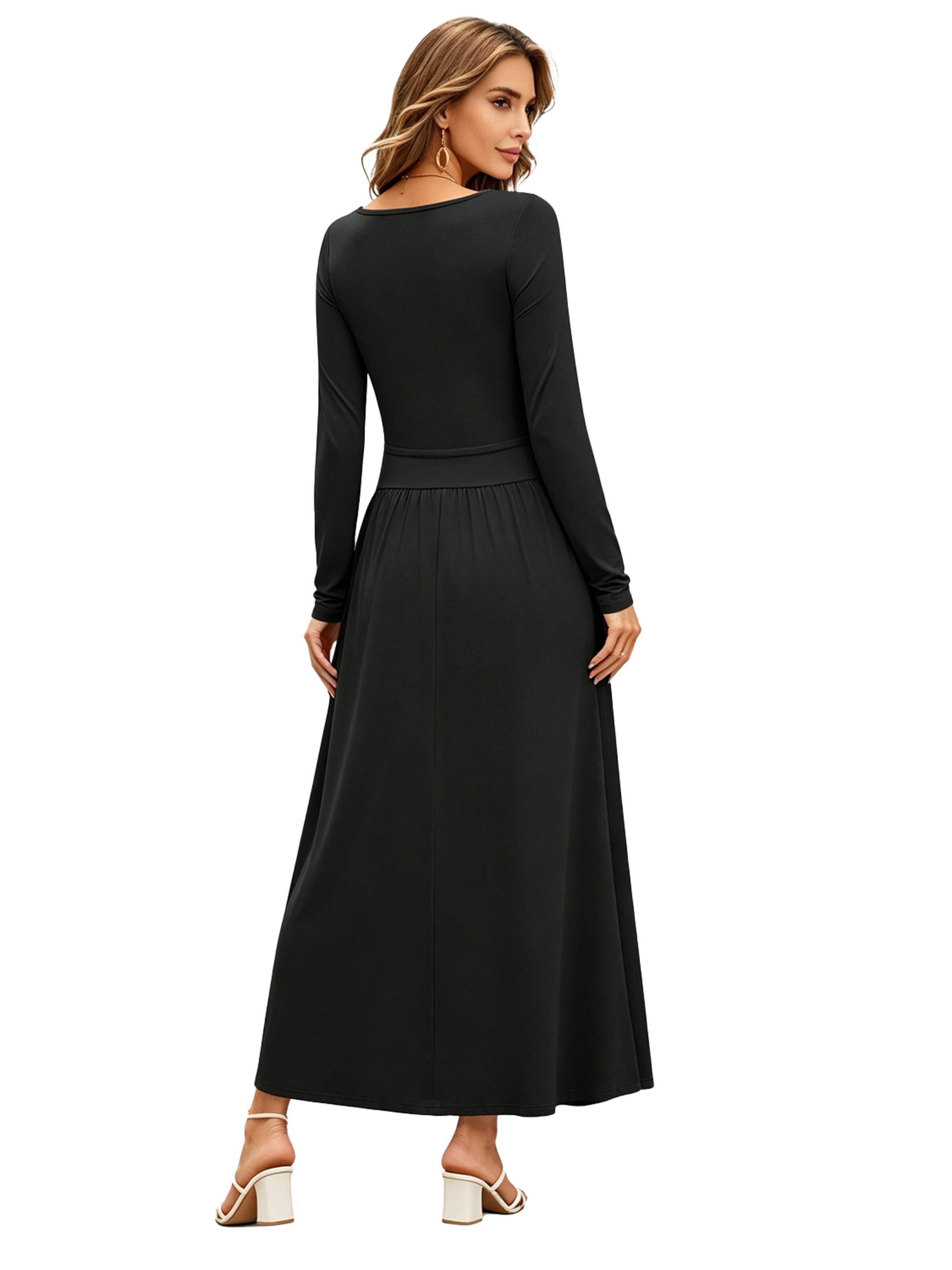 KoJooin Dress 'Damen Langarm Strickkleid mit Rundhals, Raffung und Taschen – Figurbetontes, elegantes Midikleid' in Black