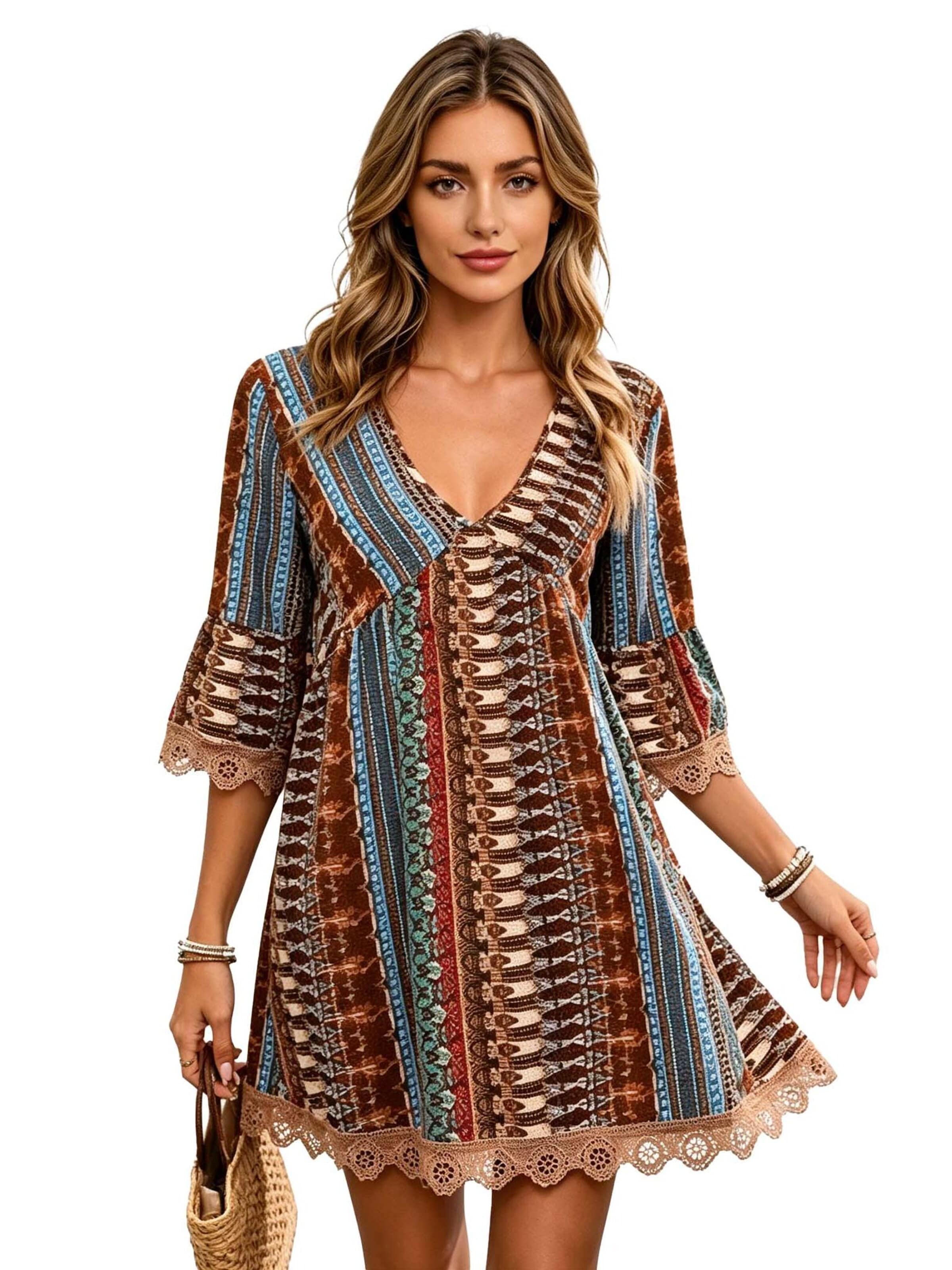 KoJooin Sukienka 'Bedrucktes Boho Damen mit V-Ausschnitt und halblangen Ärmeln – als Hochzeitsgast oder für Feiertage' w kolorze brązowy: przód