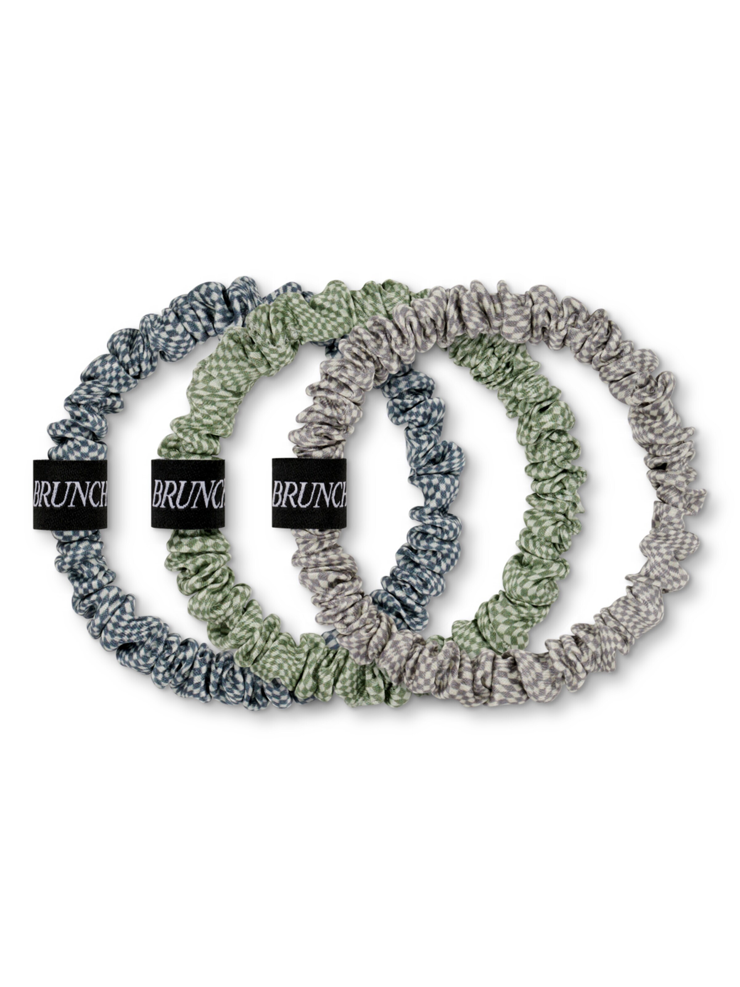 BRUNCHIES® Haarsieraden 'BRUNCHIES® "Racing Edition" Seiden Scrunchies 3er Set - mit kleinem feinen Karomuster angelehnt an Pascha Porsche Design' in Blauw: voorkant