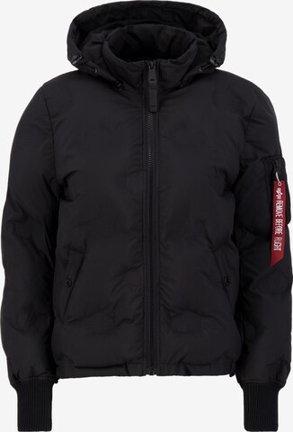 ALPHA INDUSTRIES Zimní bunda 'Flight Jacket Hooded Logo Puffer Wmn' – černá: přední strana