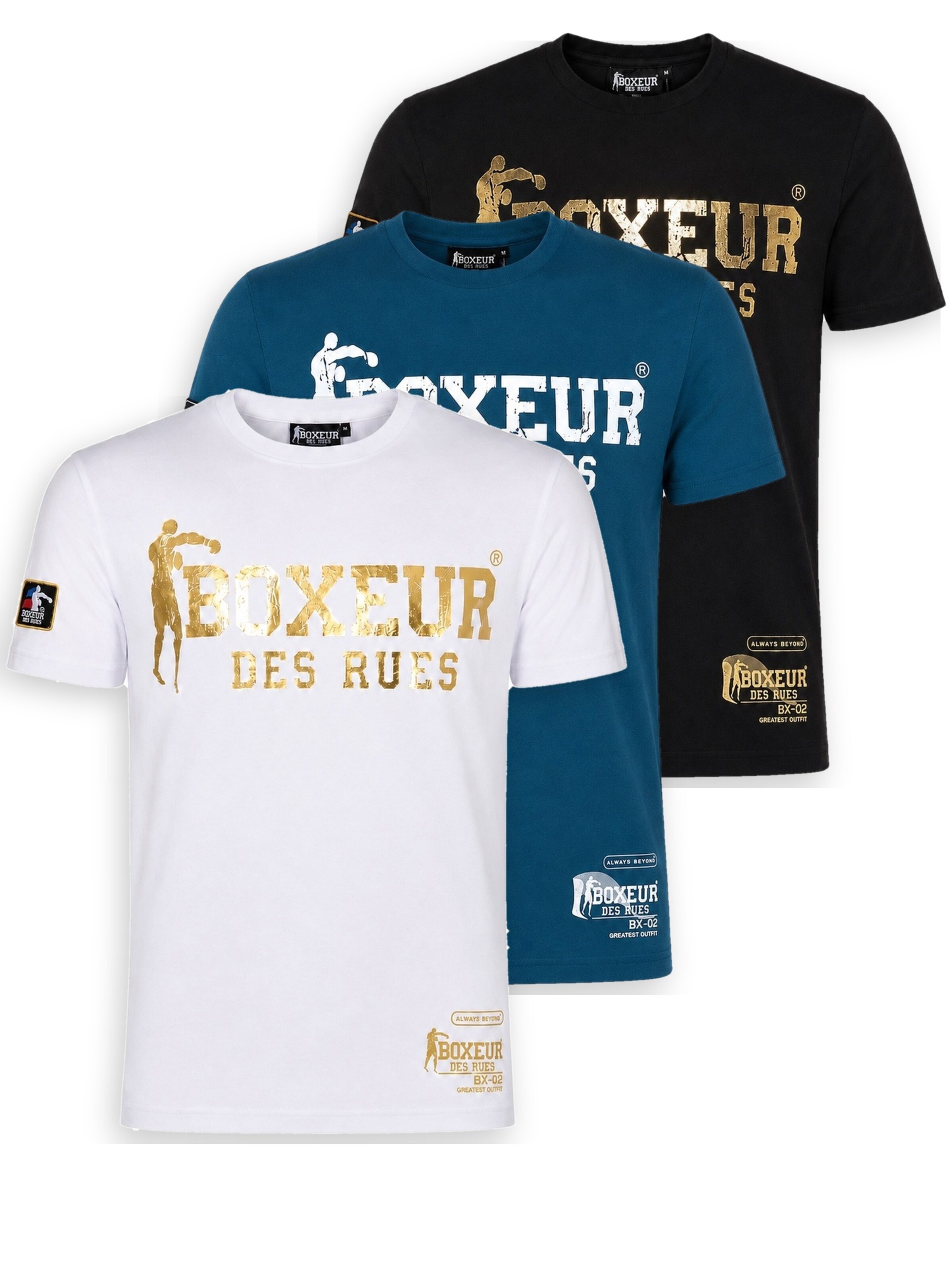 Boxeur des Rues Shirt 'Herren T-Shirt 3er-Pack Boxeur des Rues Slim Fit: Weiß, Goldenes Logo + Blau, Weißes Logo + Schwarz, Goldenes Logo' in Gemengde kleuren: voorkant
