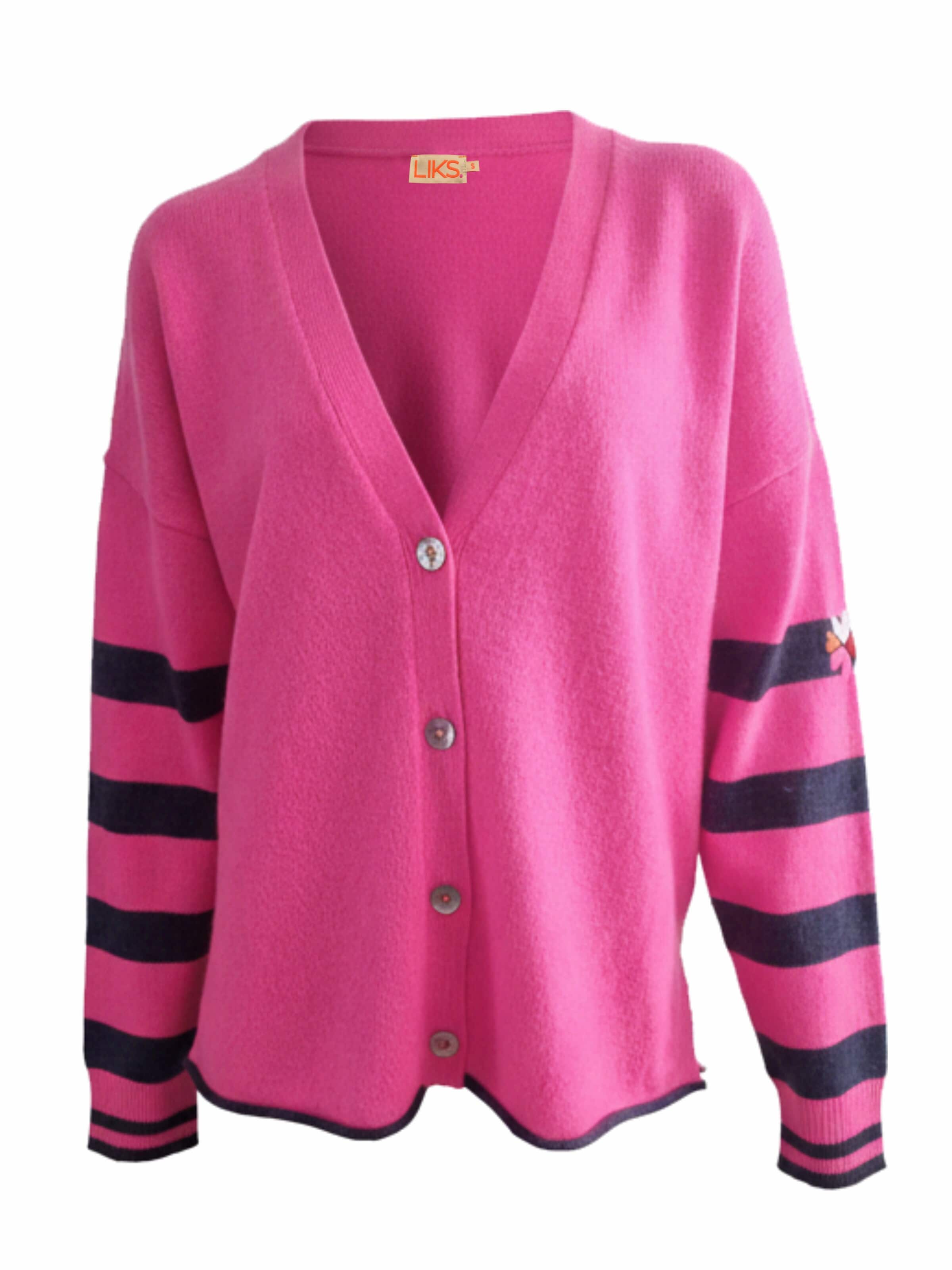 LIKS. Munich Knit cardigan 'Strickjacke Ärmel gestreift aus Organic Cotton-Woll-Mischung - DeltaC' in Pink: front