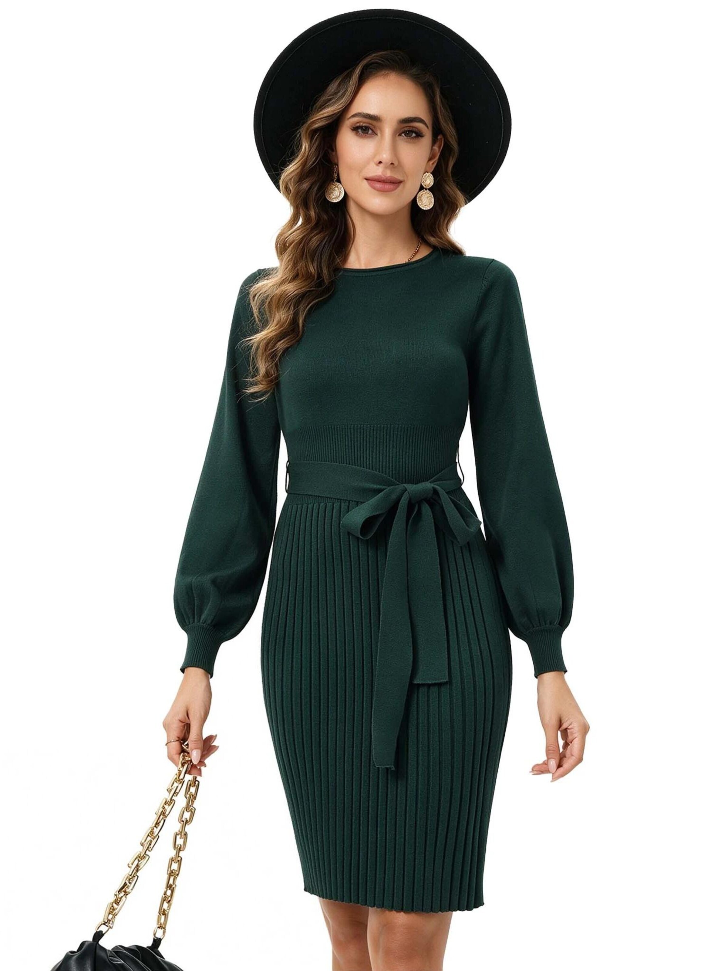 KoJooin Sukienka 'Damen-Strickkleid mit Rundhalsausschnitt, Bindegürtel, Plisseefalten und langen Ärmeln' w kolorze zielony