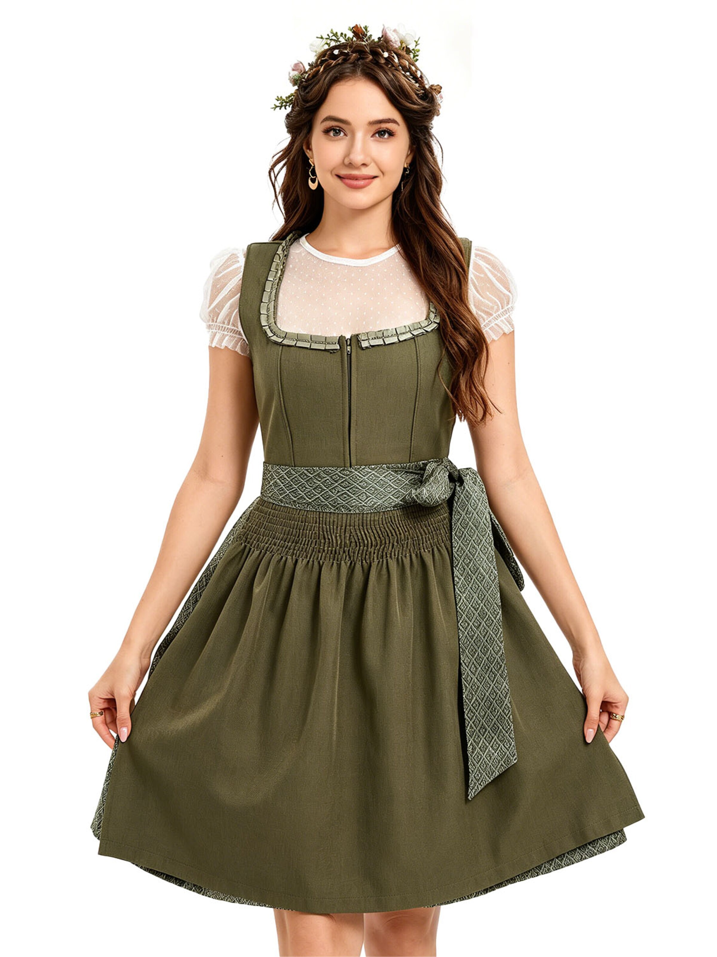 KoJooin Dirndl 'Damen Polka‑Dot Bluse, quadratischer Ausschnitt – 3‑teiliges Dirndl‑Set für Oktoberfest' in Green: front